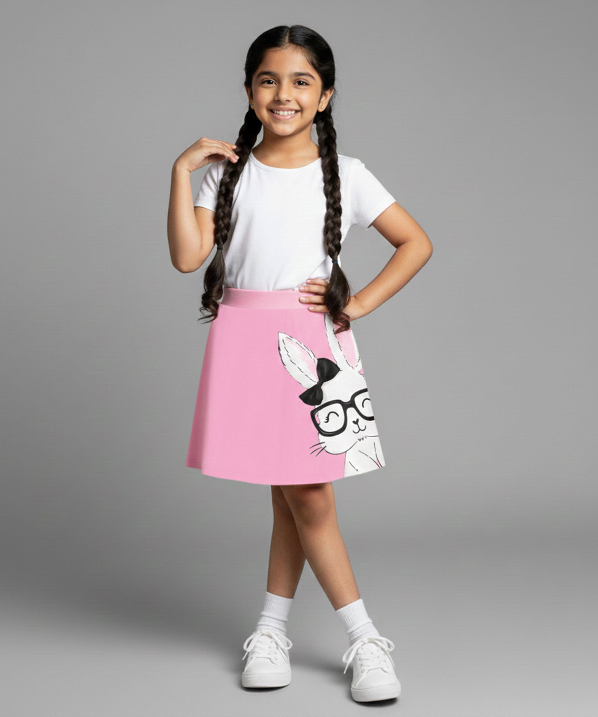 Girls Cotton Printed Skirt Attached With Inner Lycra Shorts-Baby Pink