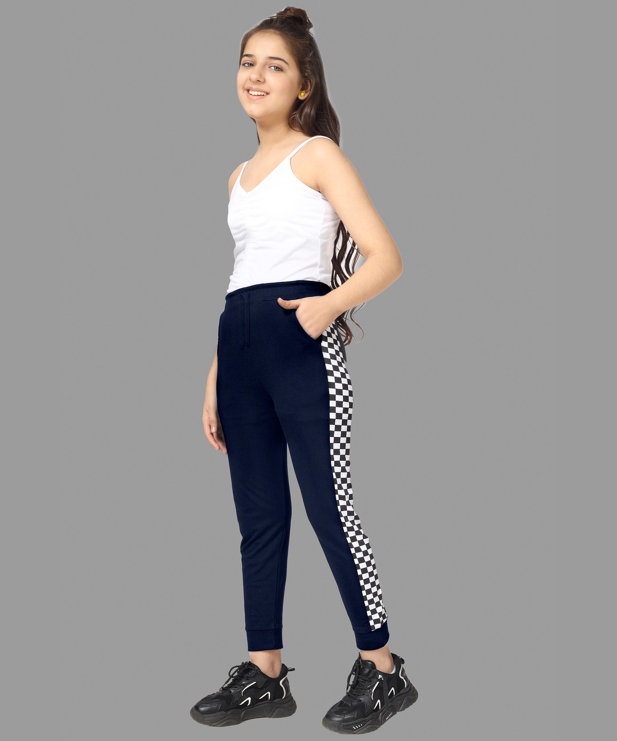 Girls Cotton Printed Track Pants with Pocket - Navy