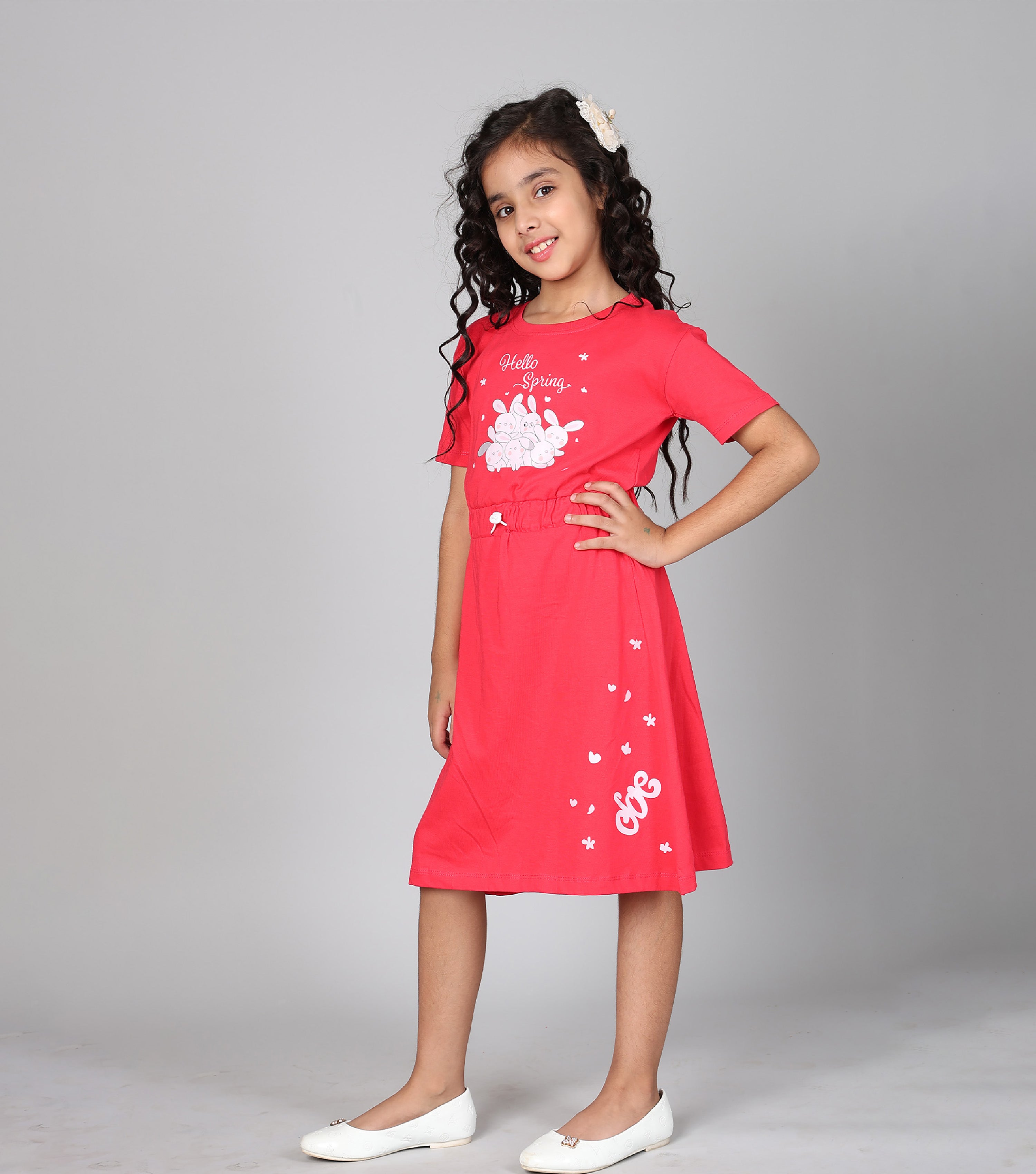 100% Pure Cotton Printed Round Neck Regular fit Short Sleeve Long Top for Girls-Red
