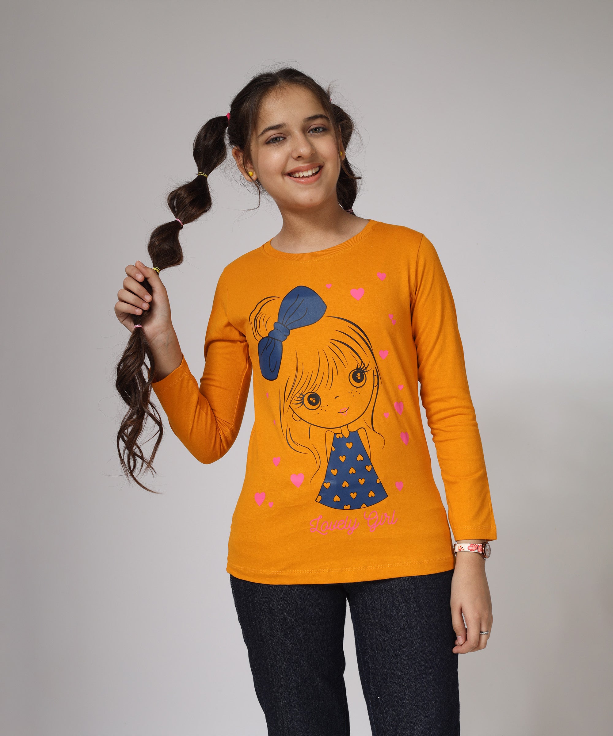 Girls Printed Full Sleeve Premium T-shirt | Orange