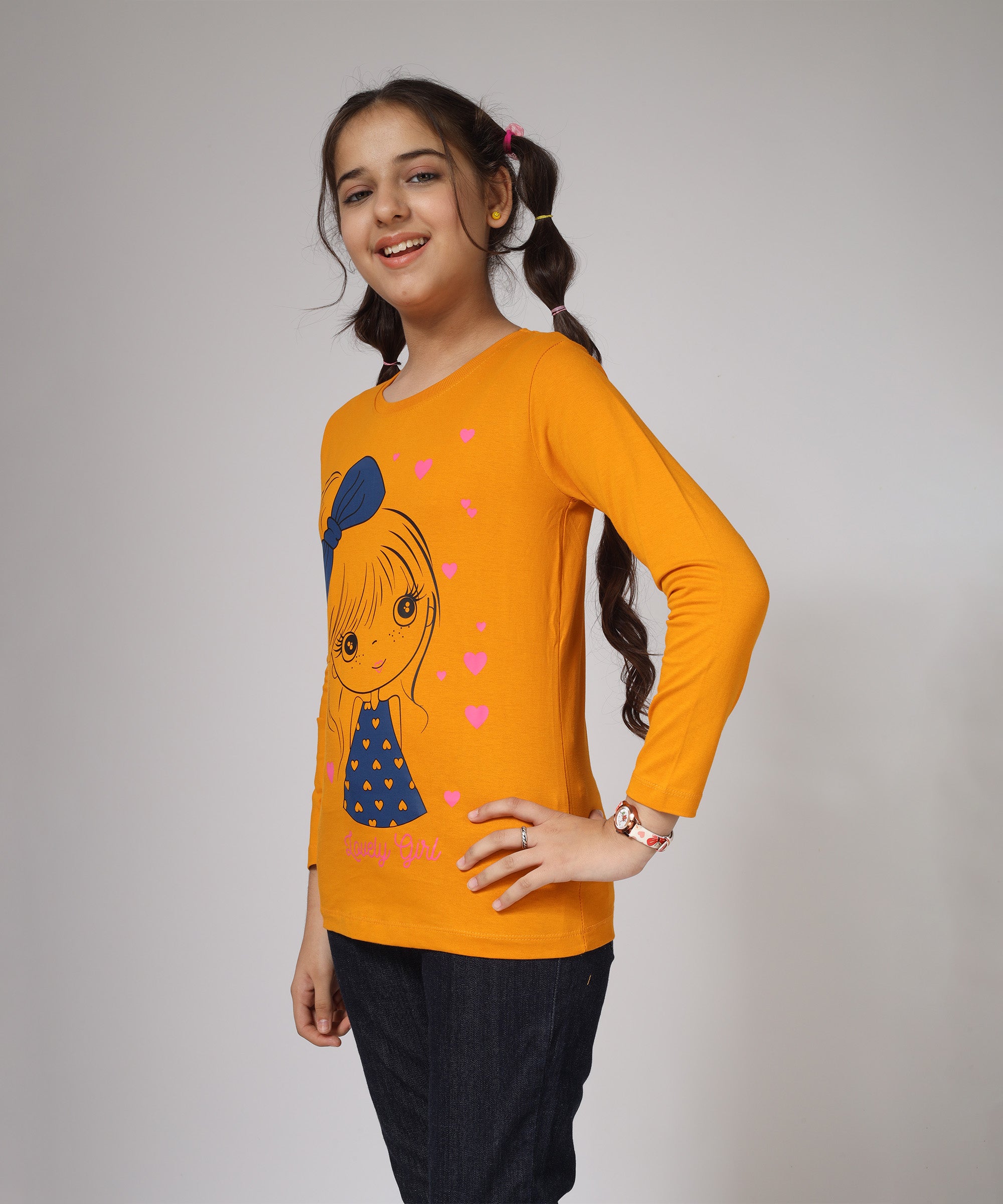 Girls Printed Full Sleeve Premium T-shirt | Orange
