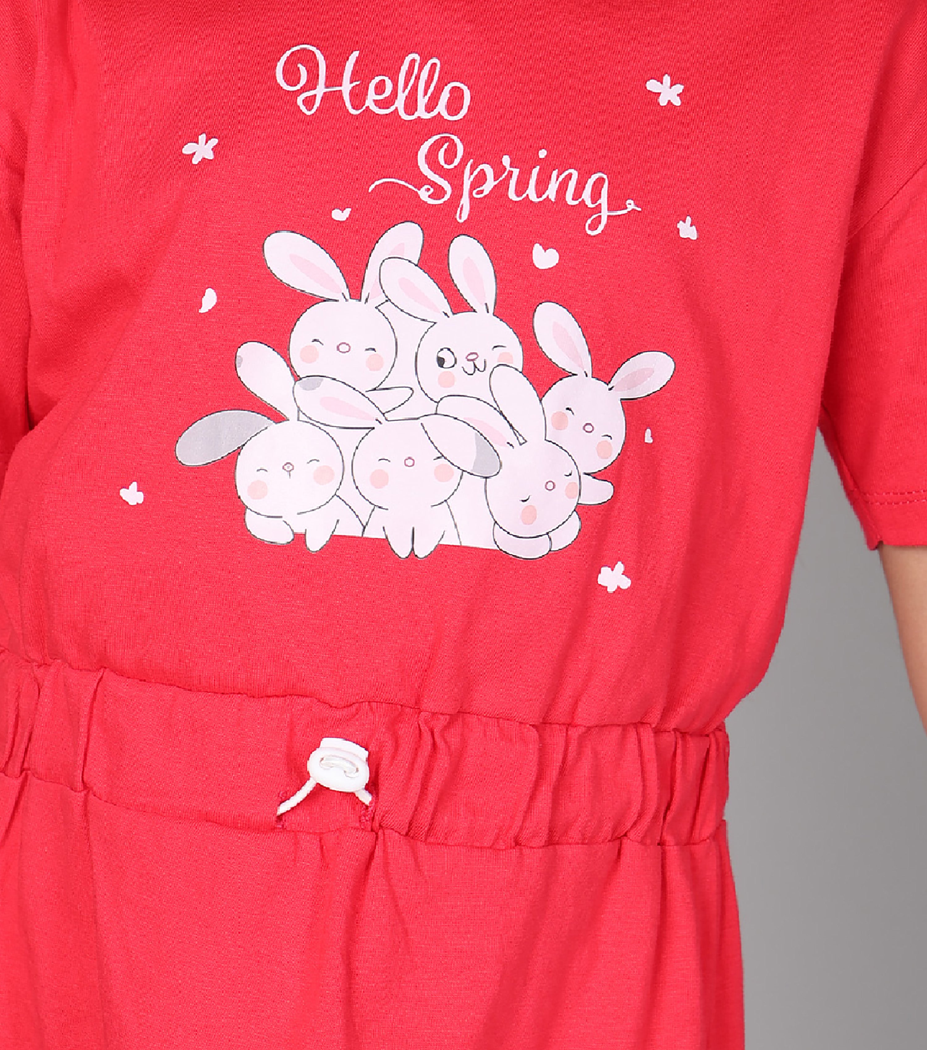 100% Pure Cotton Printed Round Neck Regular fit Short Sleeve Long Top for Girls-Red