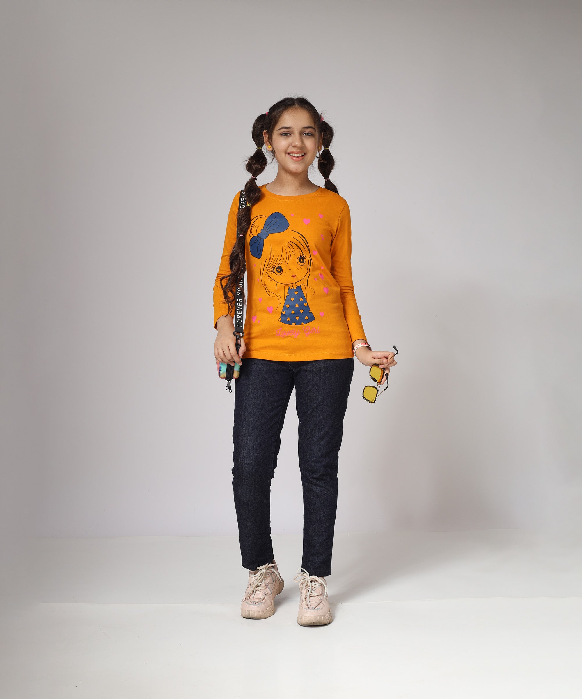 Girls Printed Full Sleeve Premium T-shirt | Orange