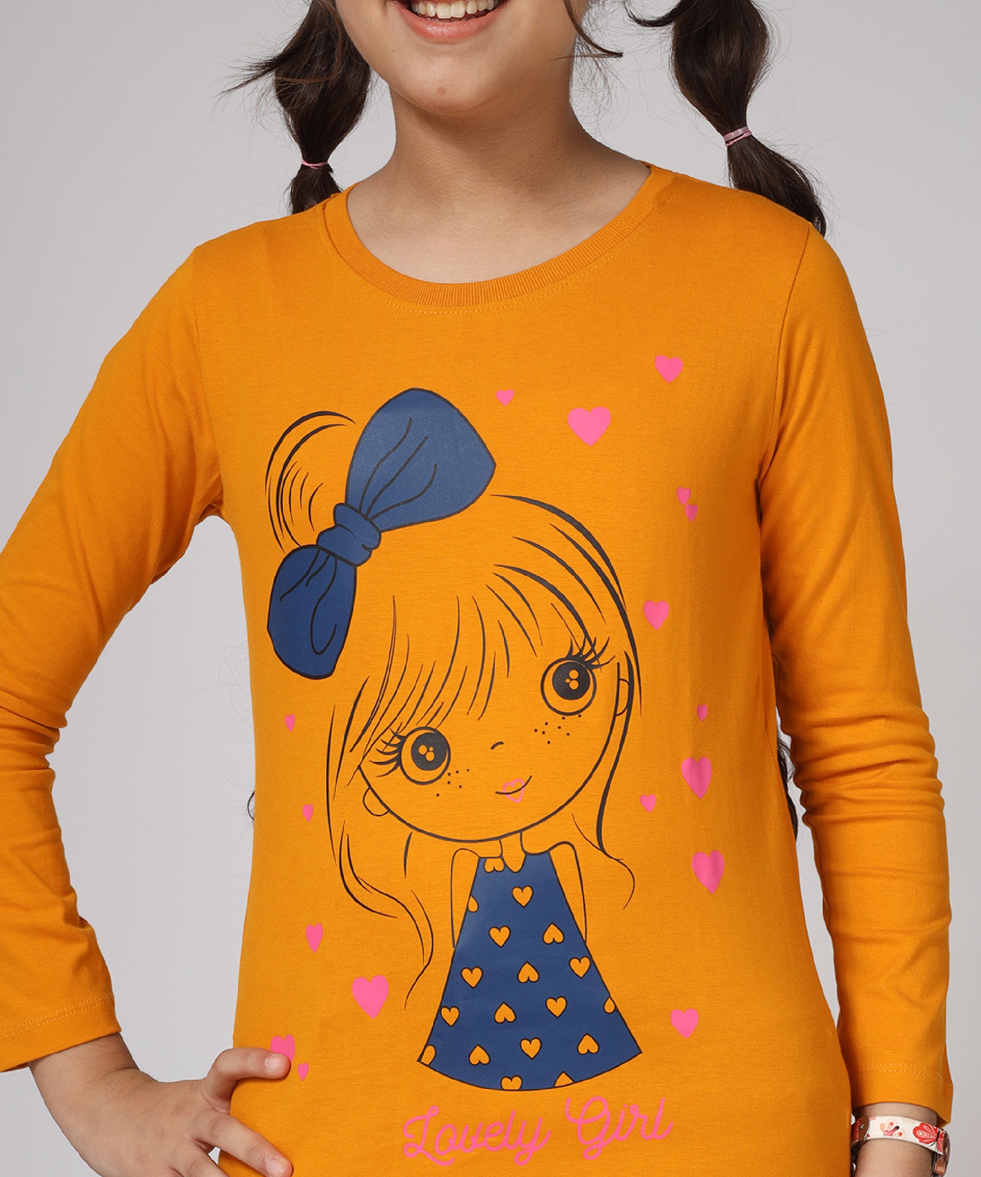 Girls Printed Full Sleeve Premium T-shirt | Orange