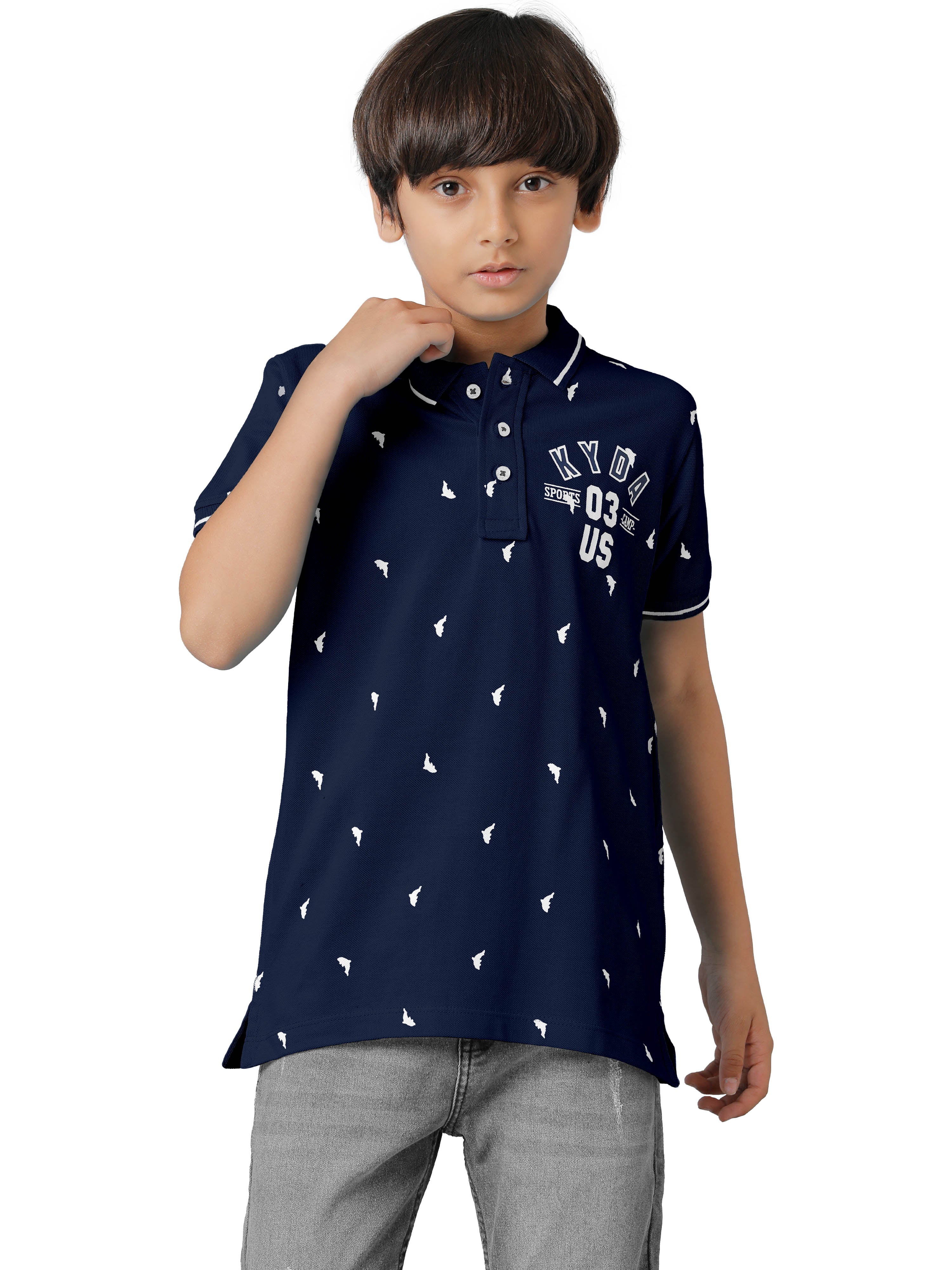 Boys Cotton Printed Regular Fit Polo Navy T-Shirts