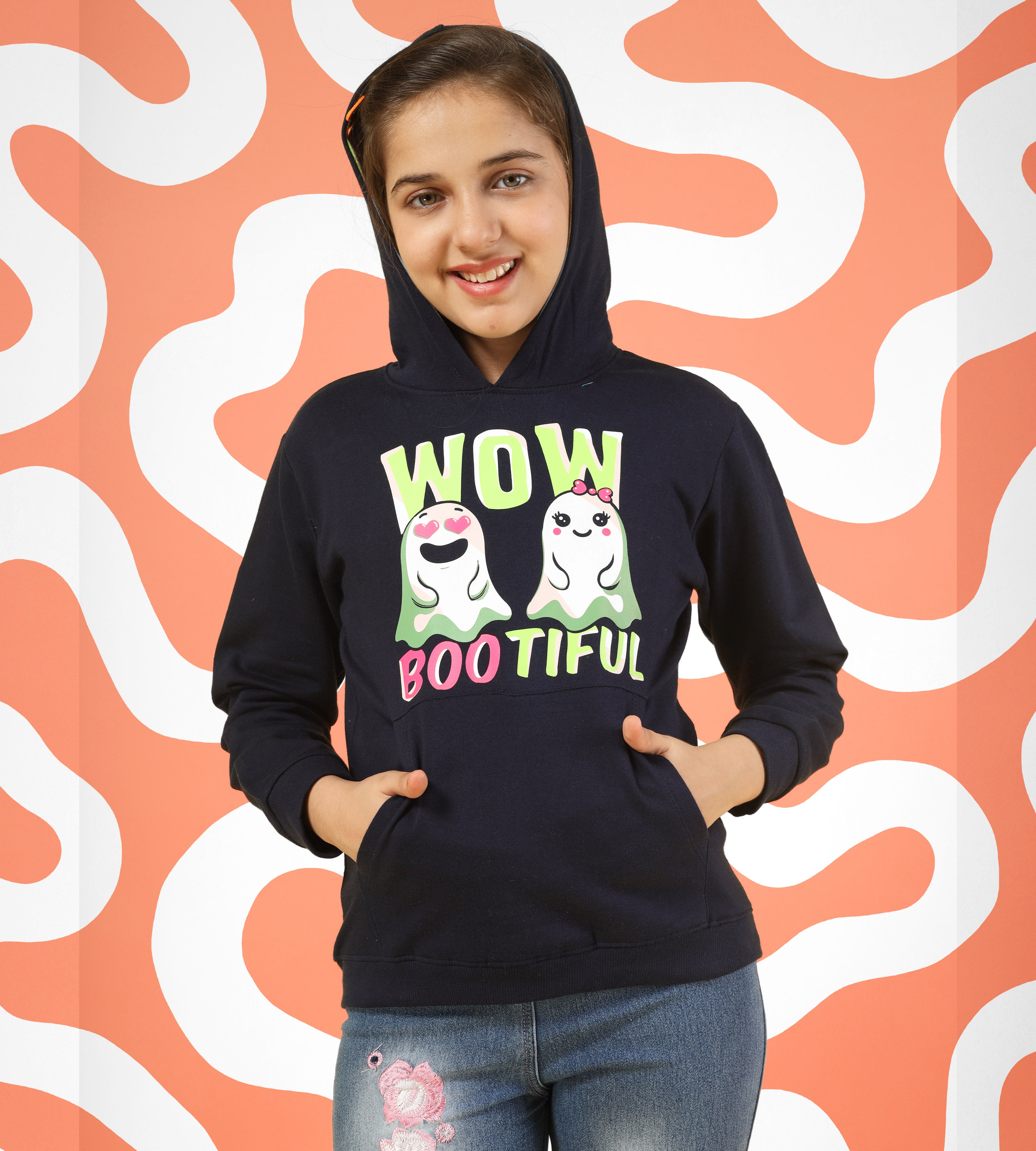 KYDA KIDS® Girl's Regular Fit Cotton Hooded Neck Sweatshirt with Long Sleeve in Black
