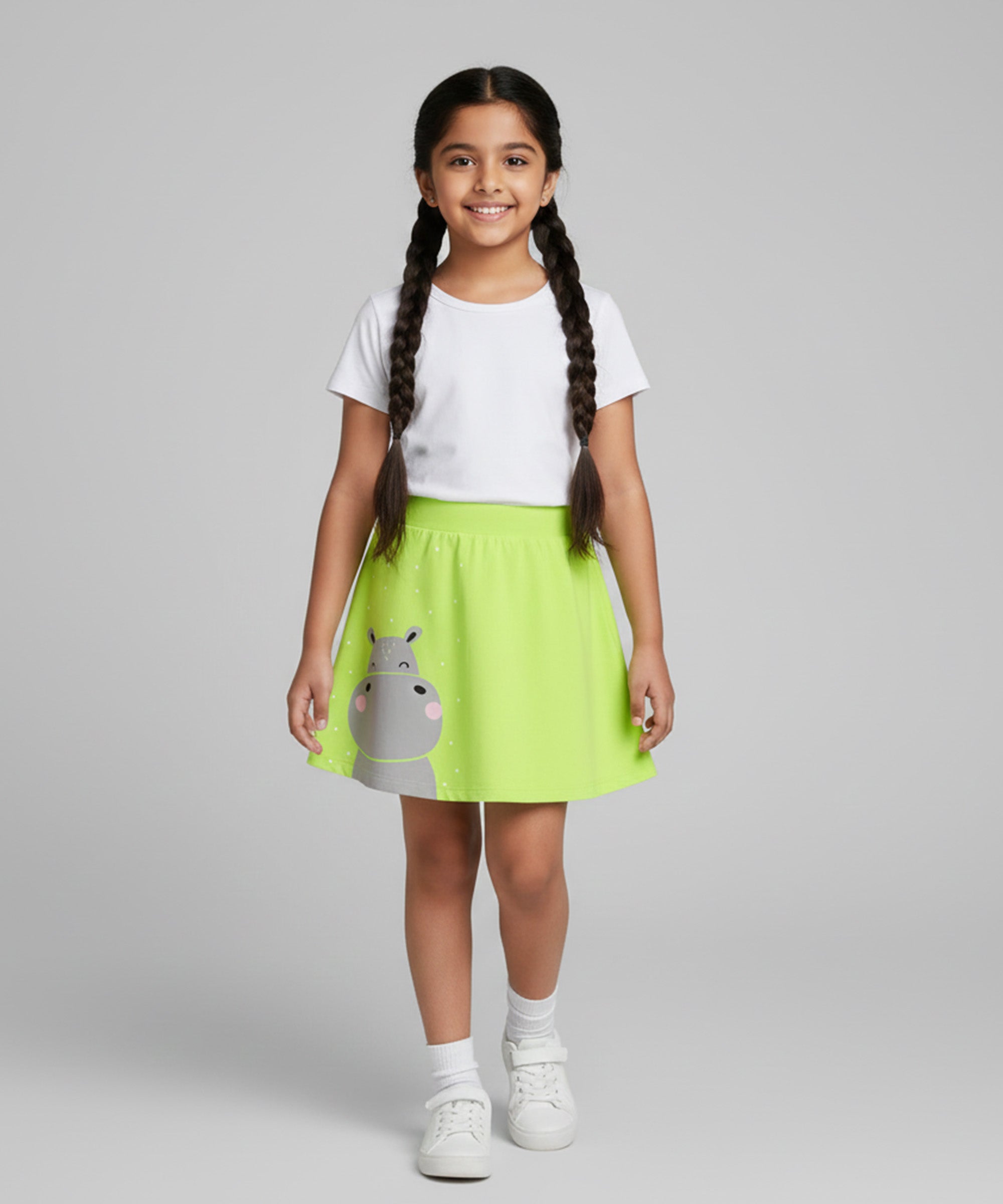 Girls Cotton Printed Skirt Attached With Inner Lycra Shorts-Neon