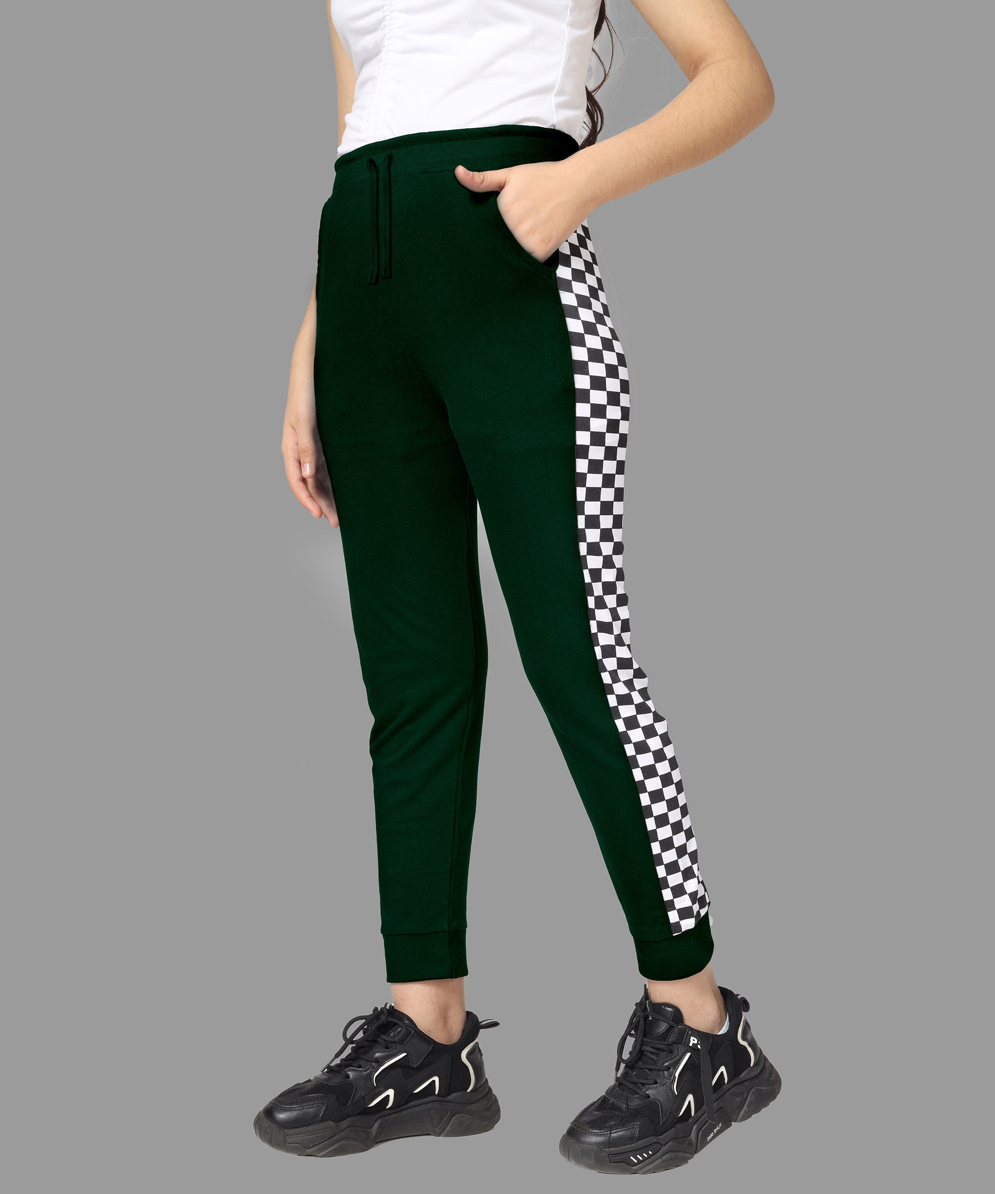 Girls Cotton Printed Track Pants with Pocket - Dark Green