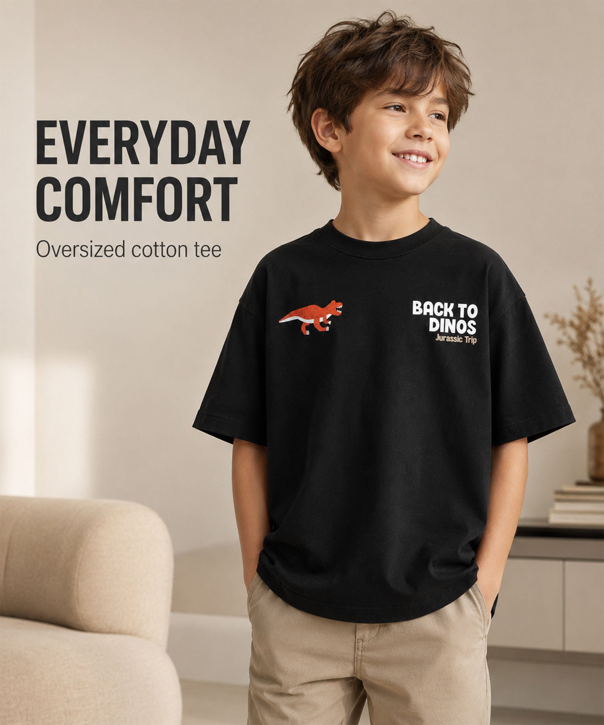Boys Premium Cotton Oversized Printed T-Shirt | Dinos