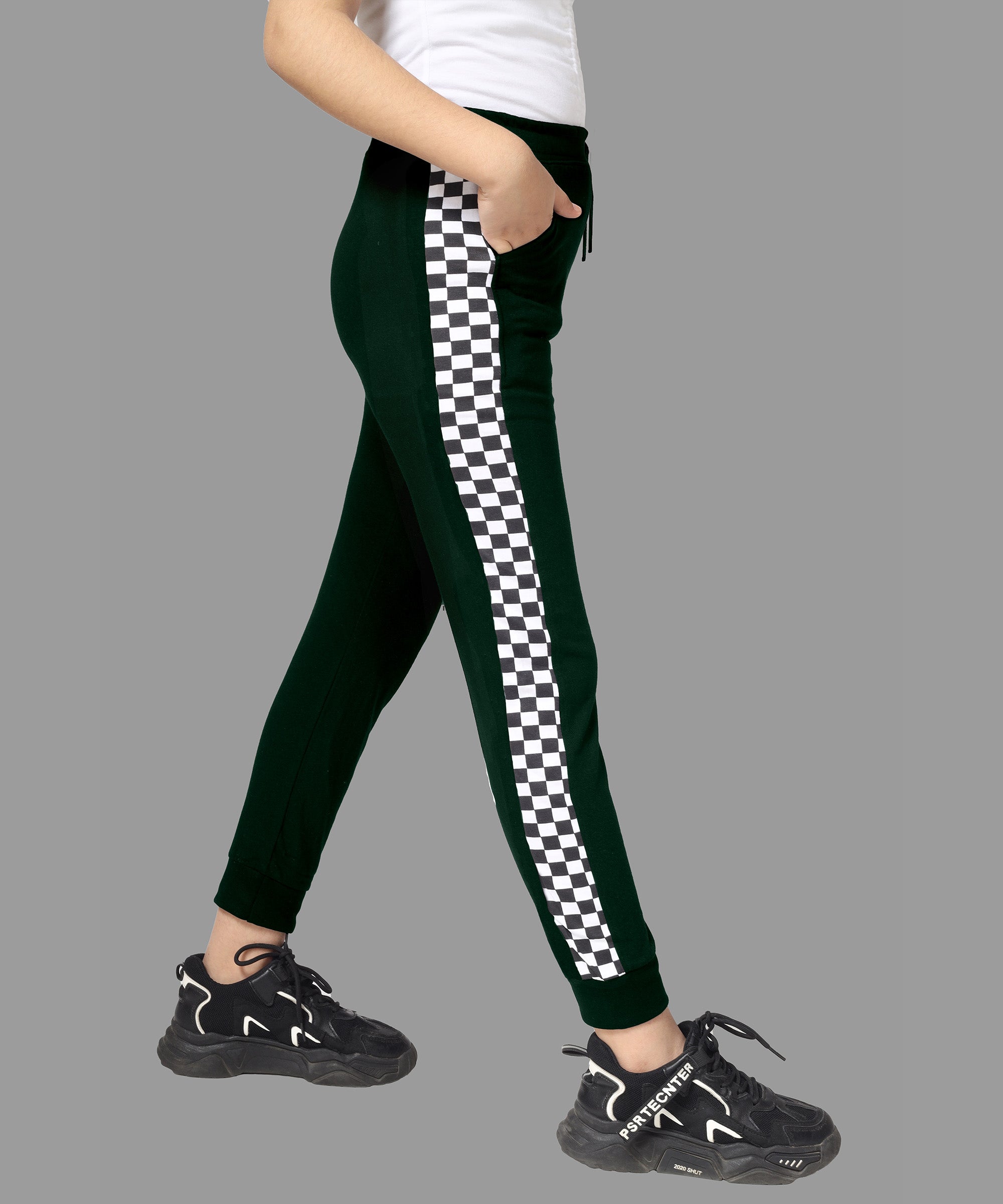 Girls Cotton Printed Track Pants with Pocket - Dark Green