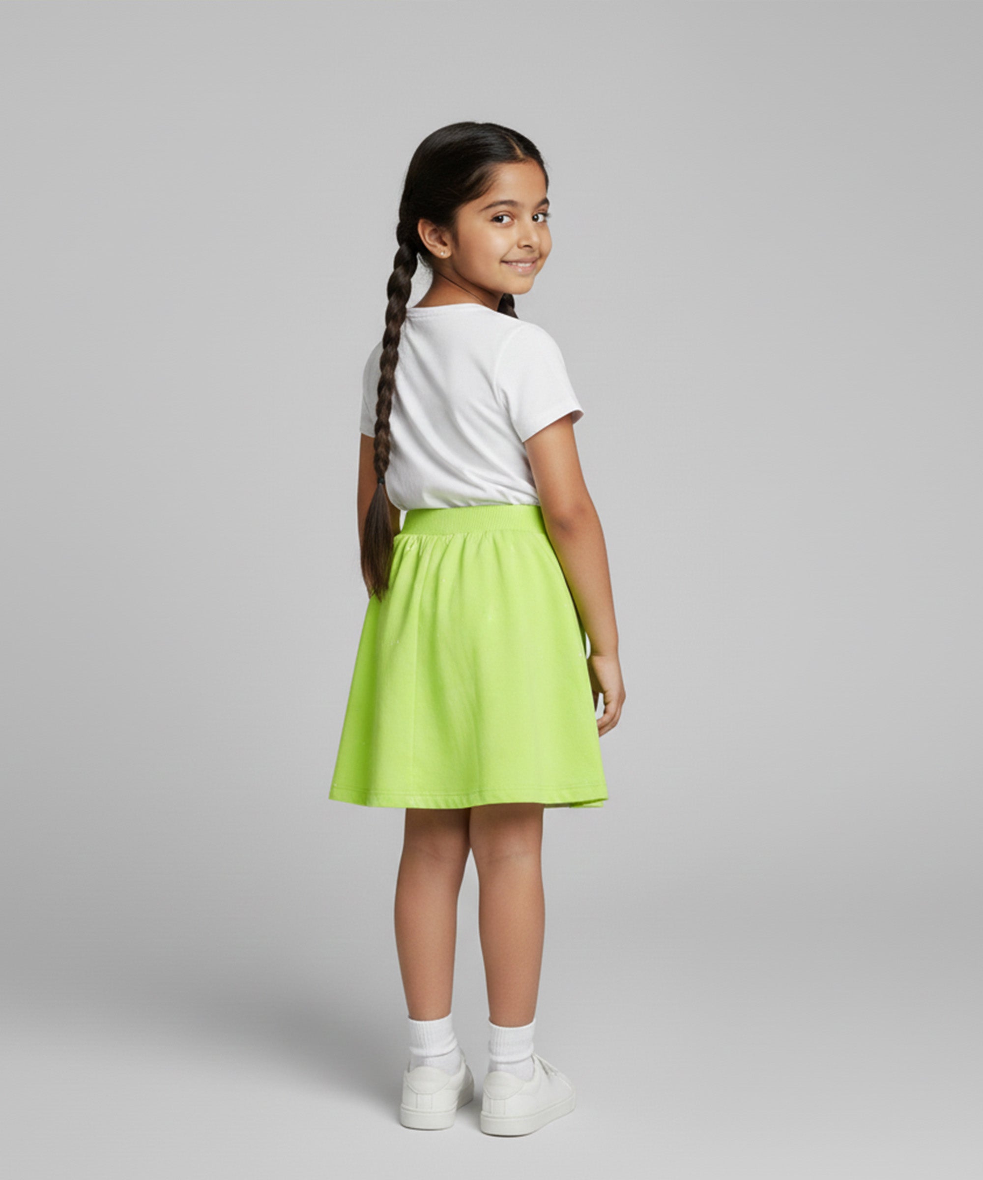 Girls Cotton Printed Skirt Attached With Inner Lycra Shorts-Neon