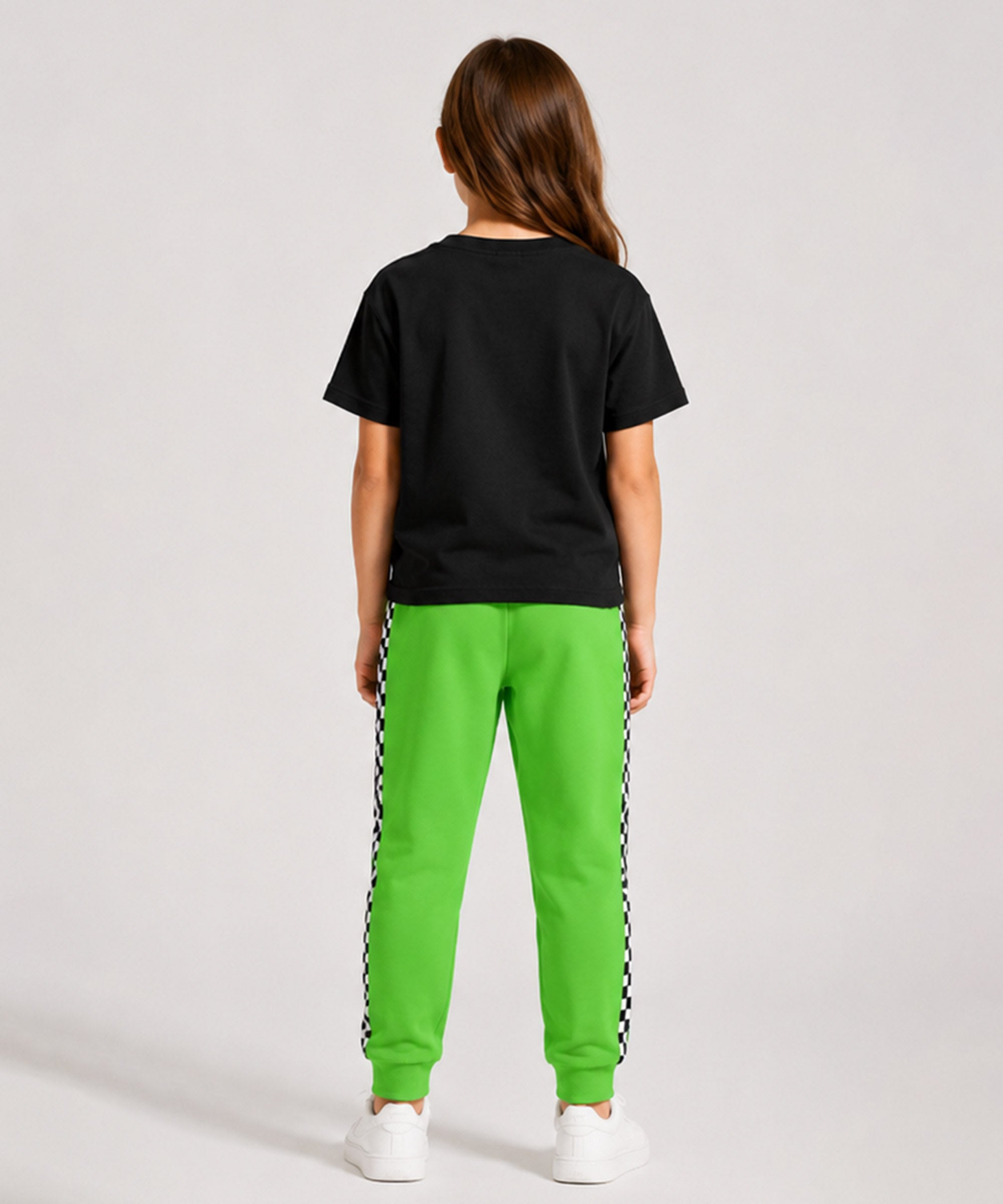 Girls Premium Cotton Black Graphic T-Shirt & Green Side Stripe Pants Set | Regular Fit