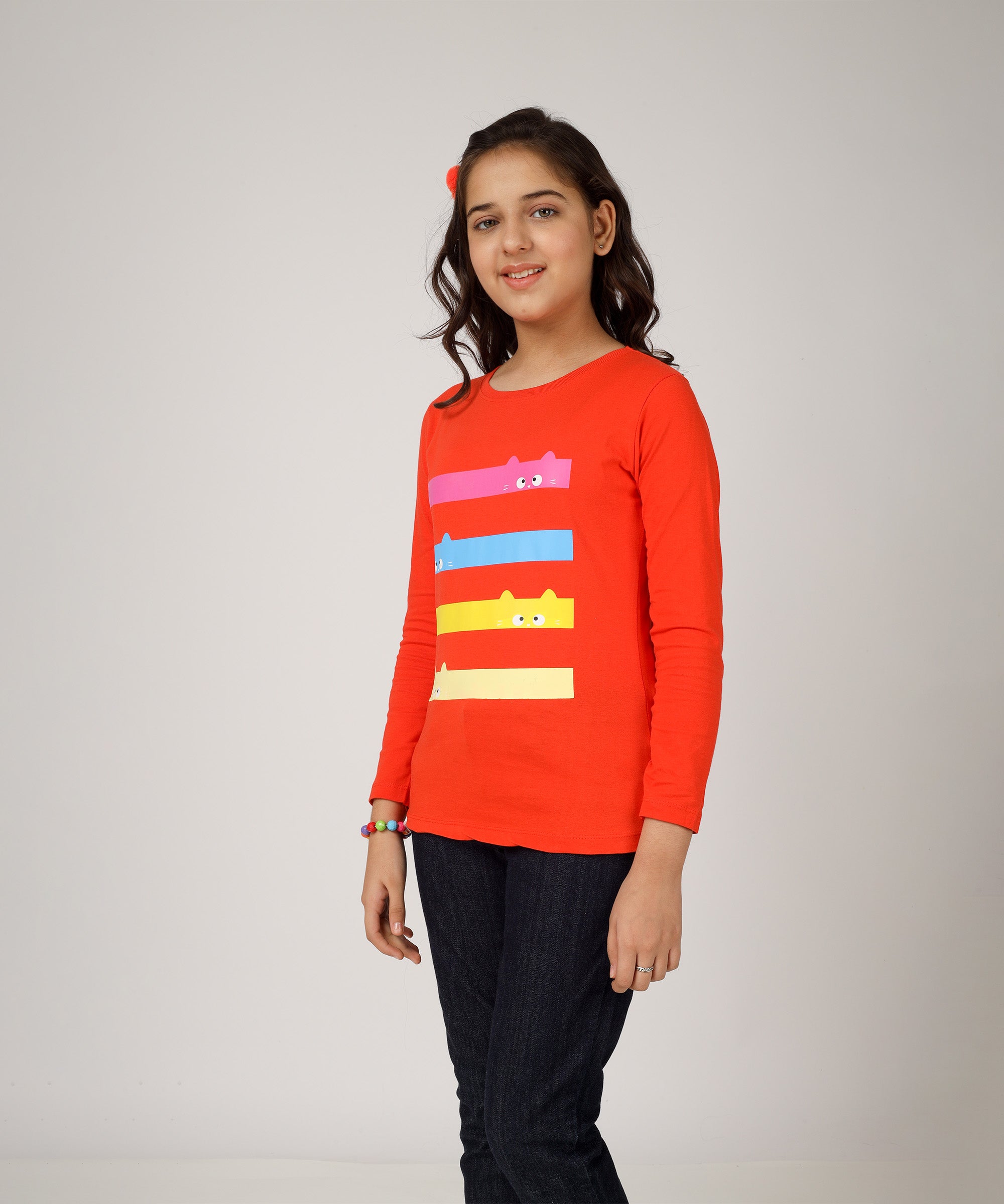 Girls Printed Full Sleeve Premium T-shirt | Peach