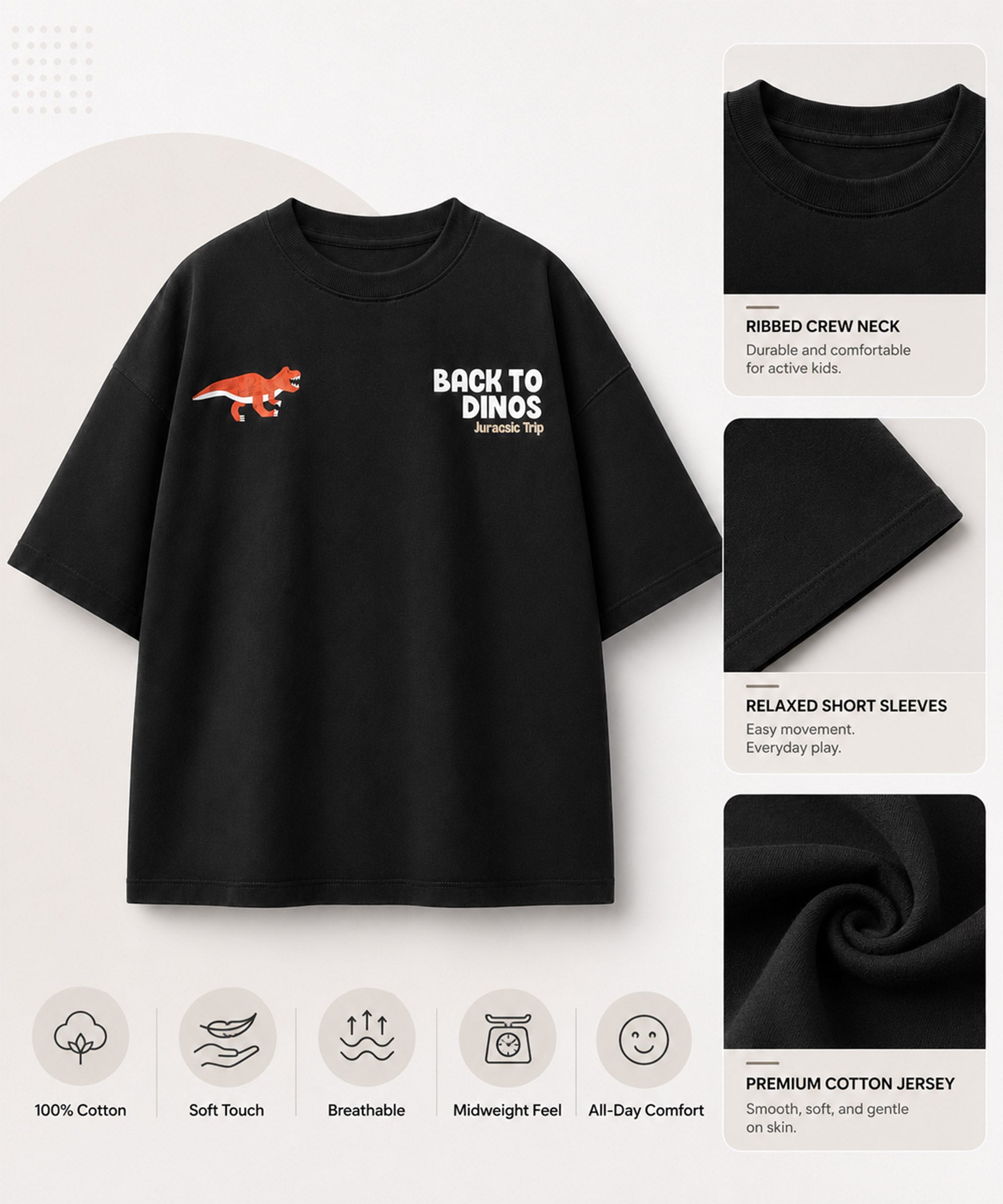 Boys Premium Cotton Oversized Printed T-Shirt | Dinos