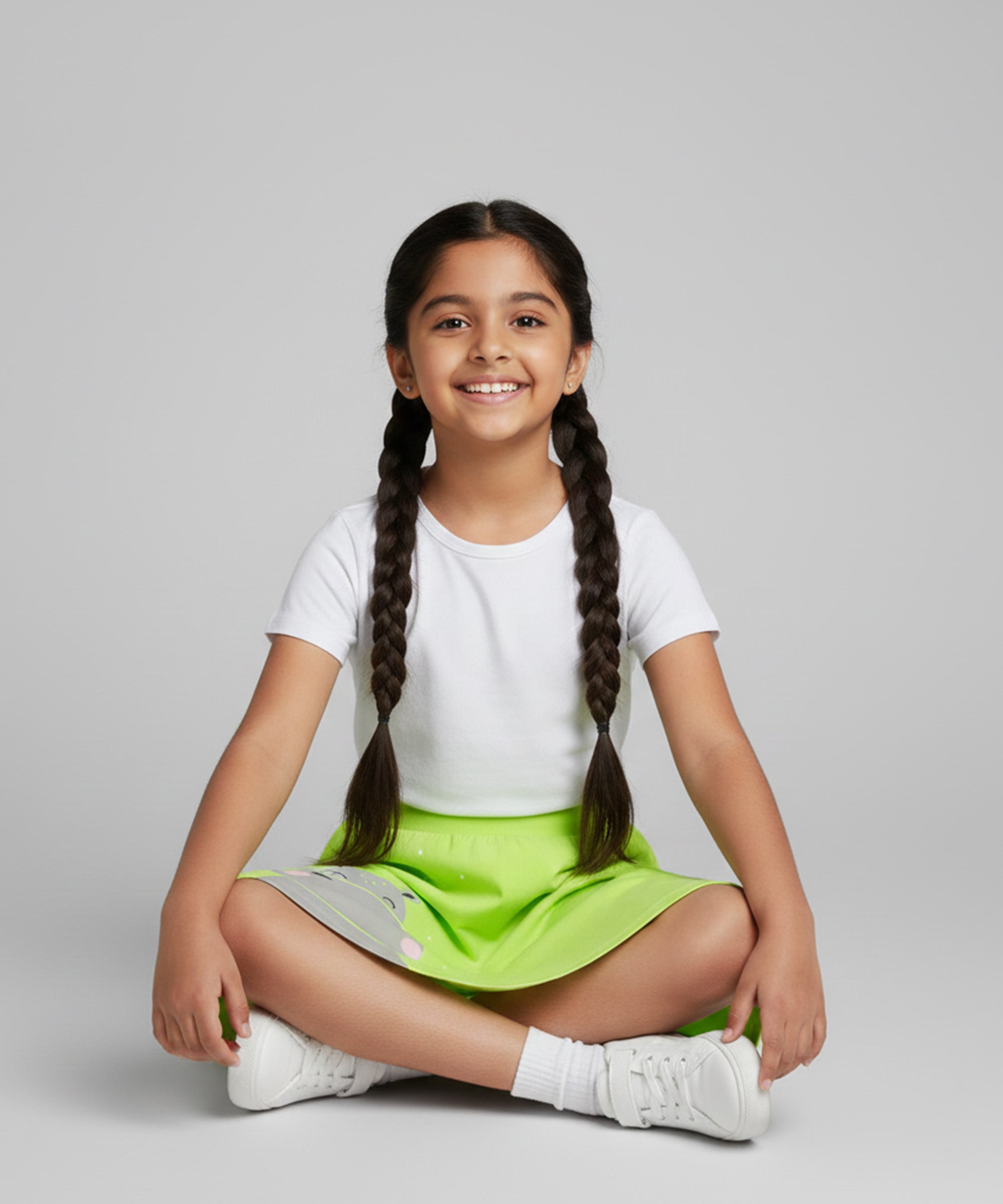 Girls Cotton Printed Skirt Attached With Inner Lycra Shorts-Neon