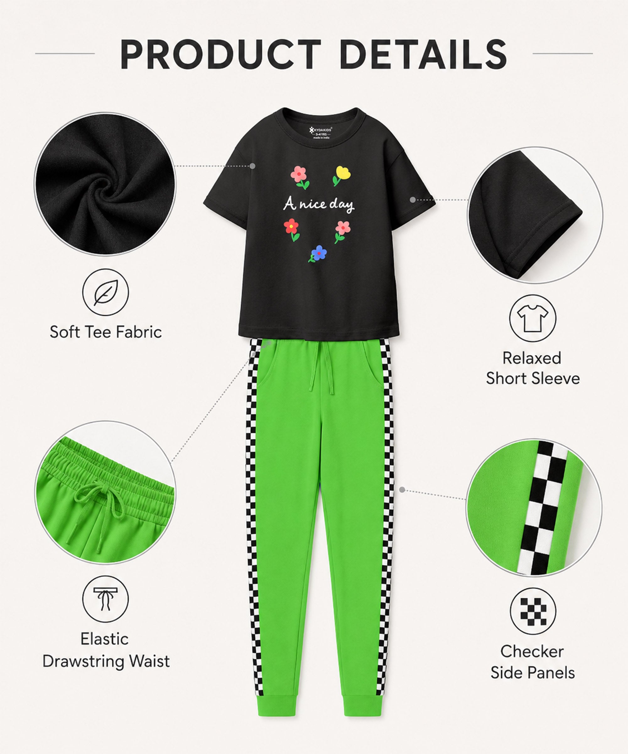 Girls Premium Cotton Black Graphic T-Shirt & Green Side Stripe Pants Set | Regular Fit