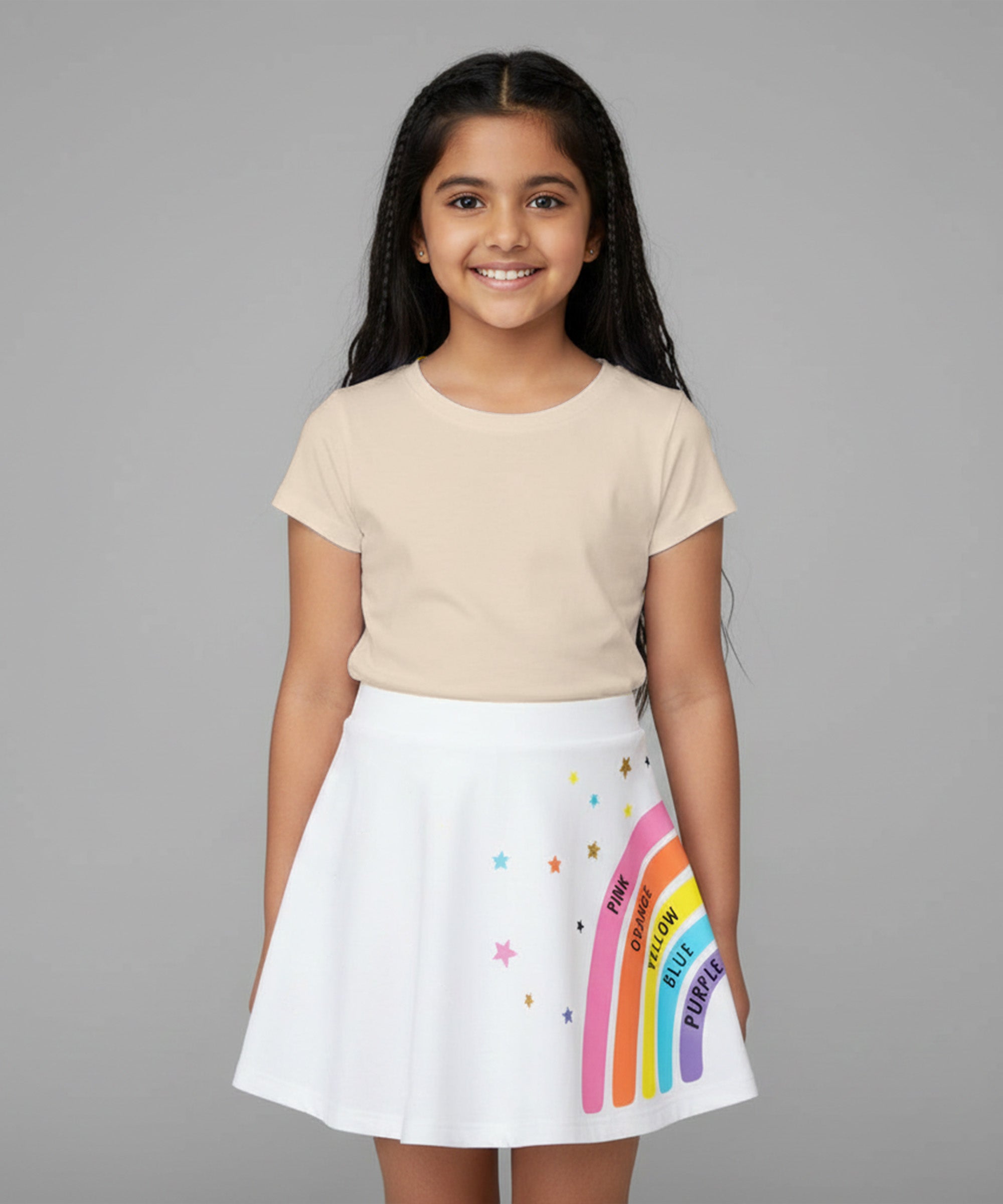 Girls Cotton Printed Skirt Attached With Inner Lycra Shorts-White