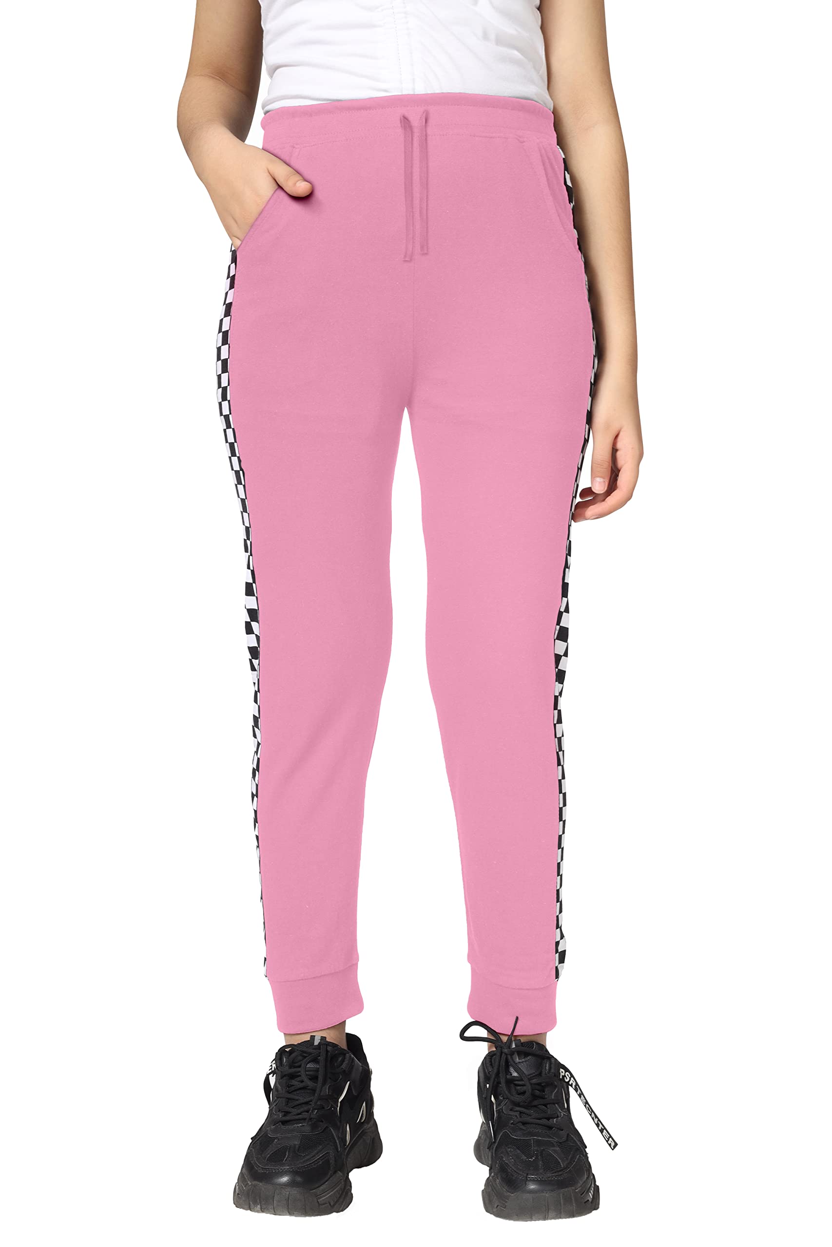 Girls Cotton Printed Track Pants with Pocket - Pink