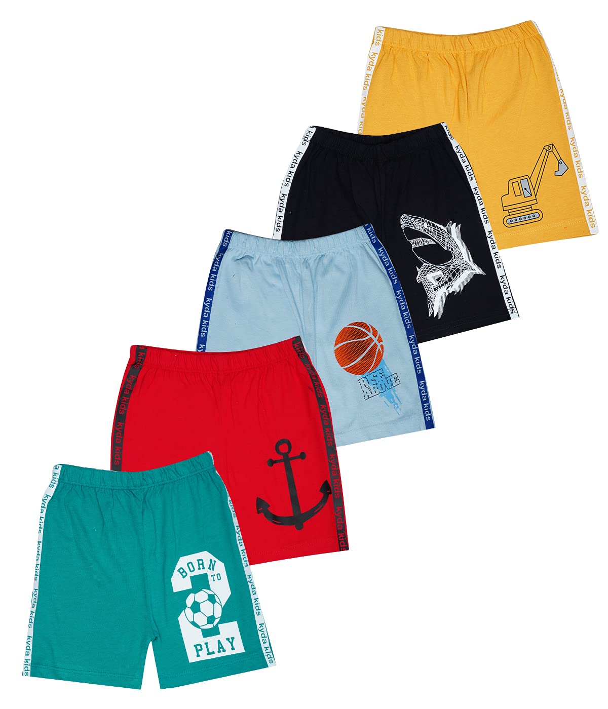Kids Unisex Multicolor Cotton Shark Printed Regular Fit Shorts (Pack of 5)