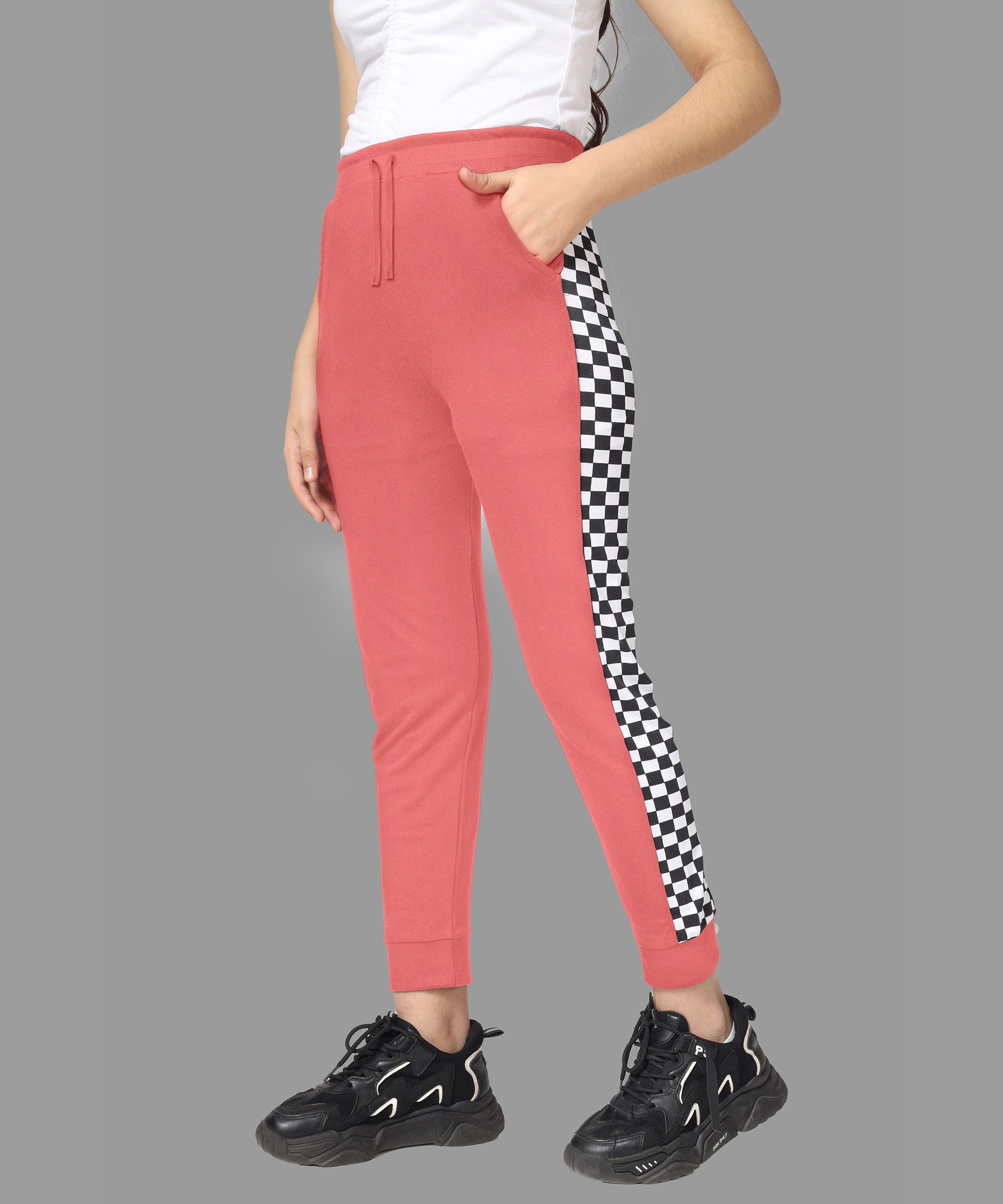 Girls Cotton Printed Track Pants with Pocket - Coral