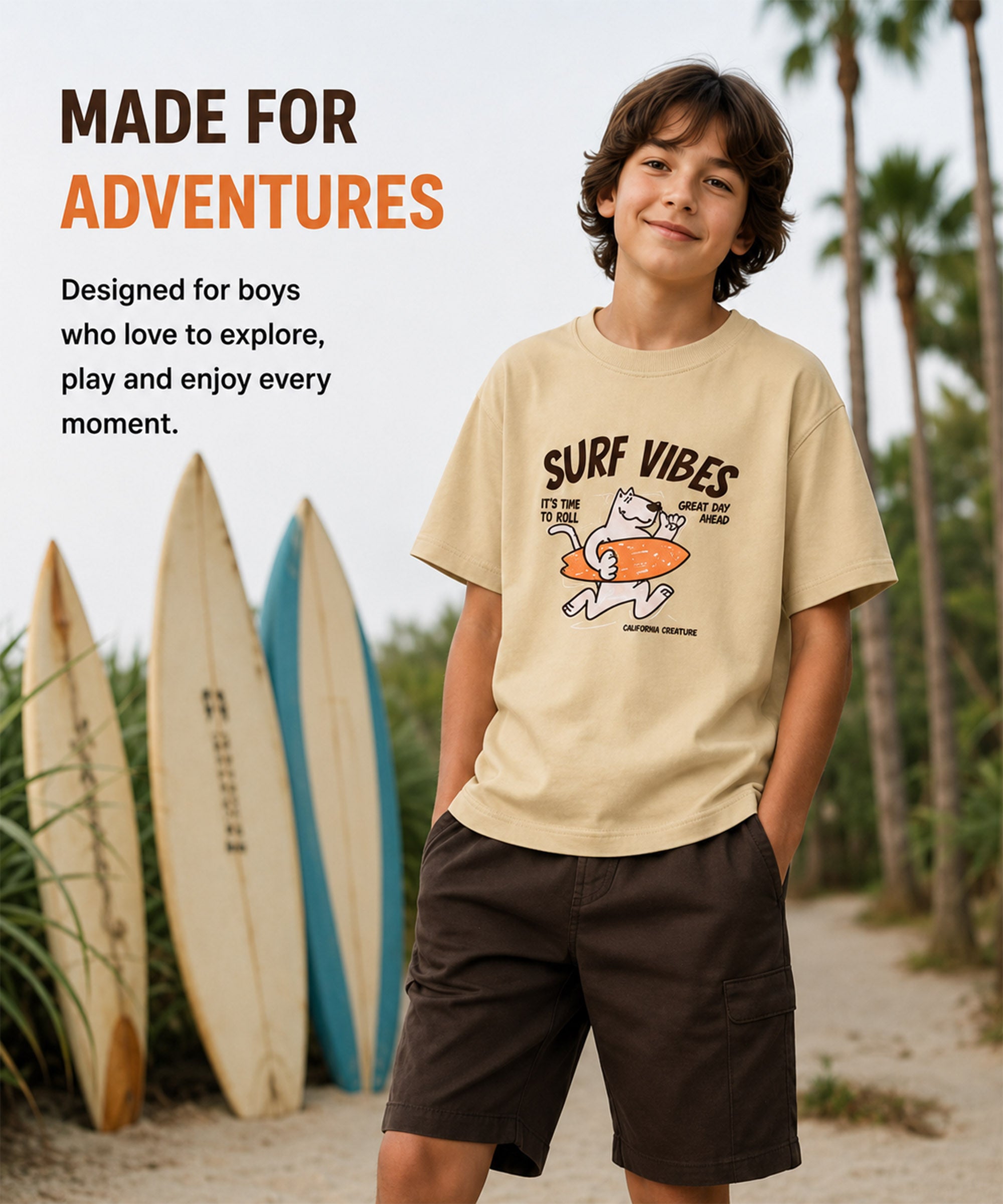 Boys Premium Cotton Oversized Printed T-Shirt | Cream Beige