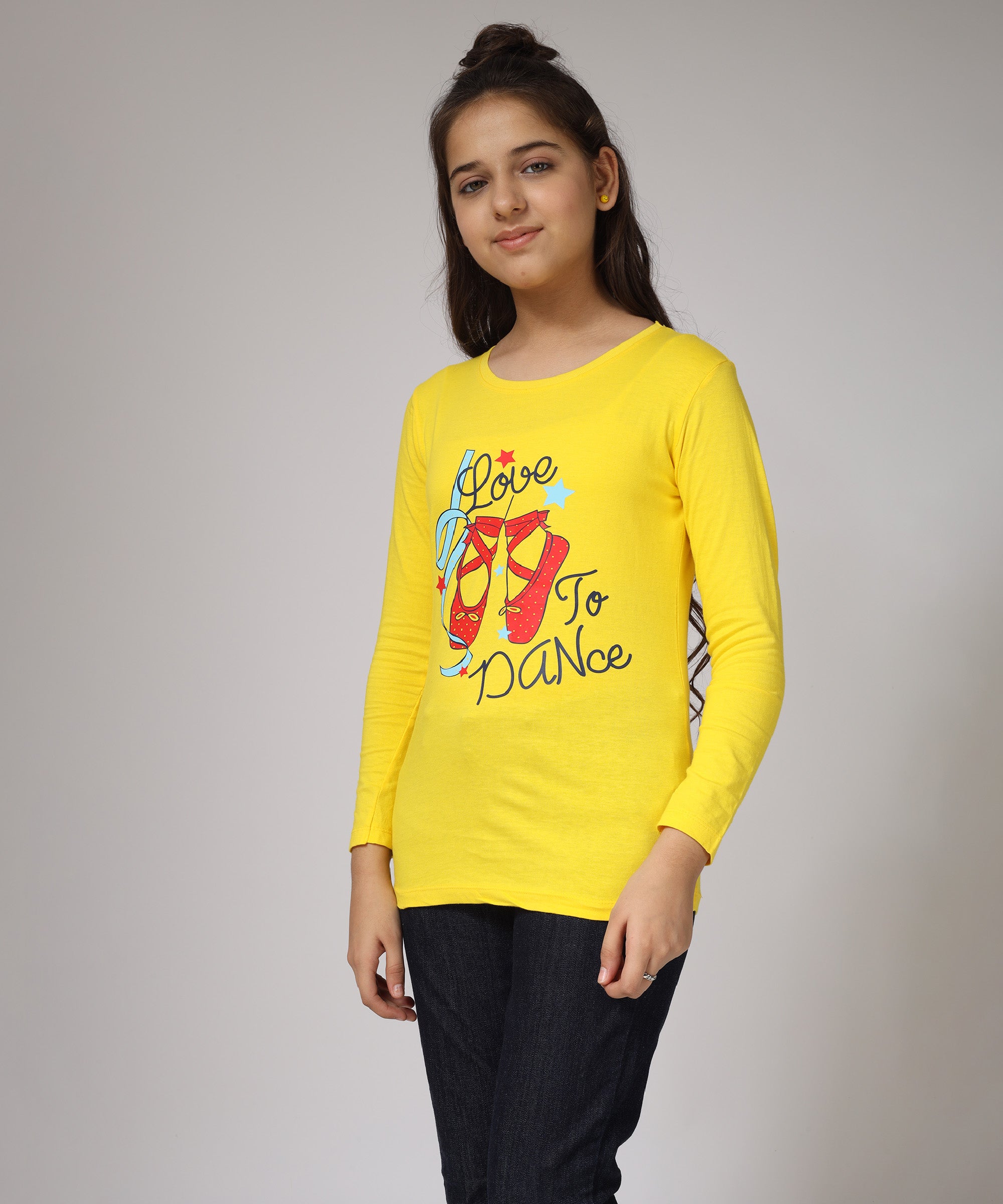 Girls Printed Full Sleeve Premium T-shirt | Yellow