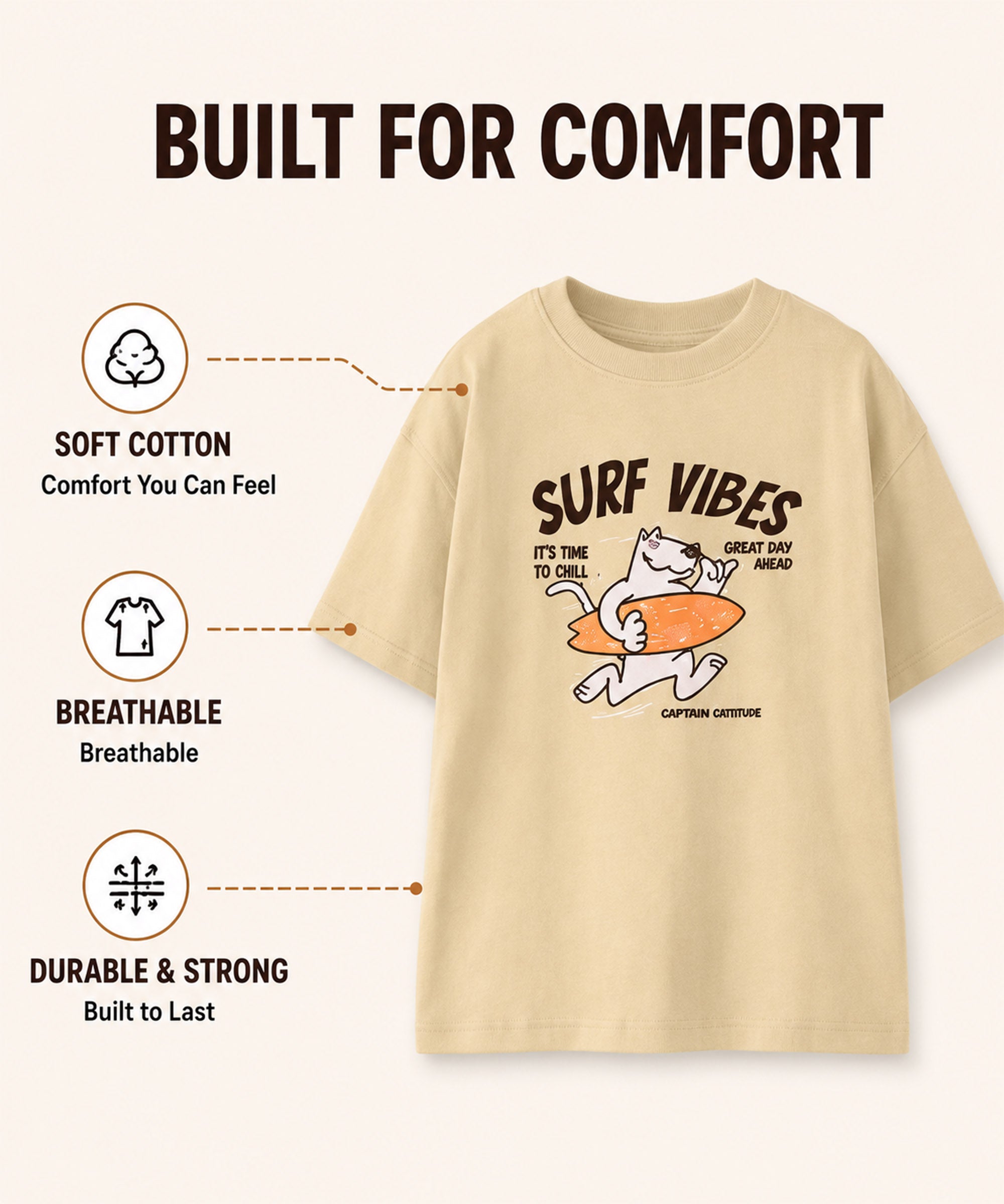 Boys Premium Cotton Oversized Printed T-Shirt | Cream Beige