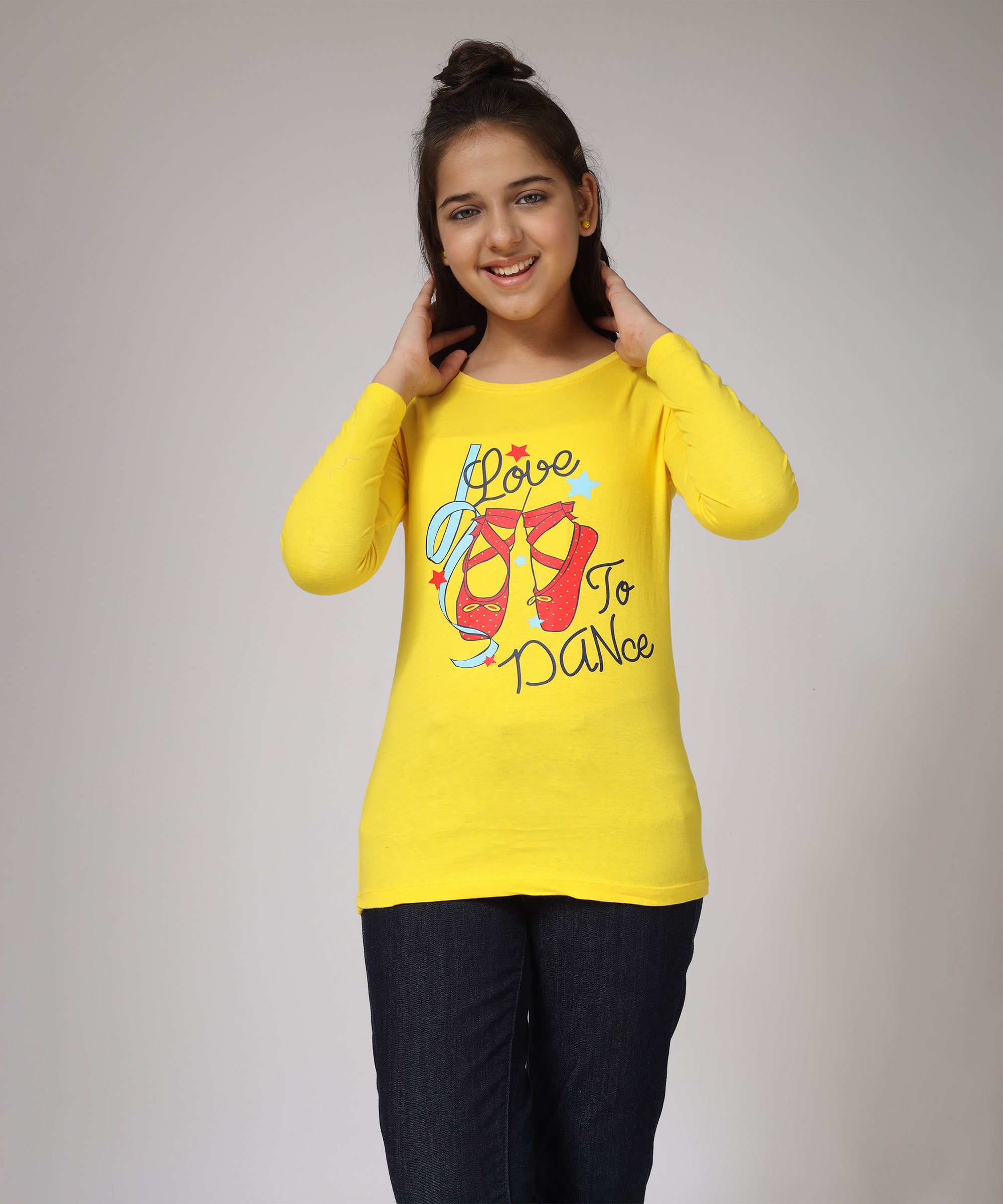 Girls Printed Full Sleeve Premium T-shirt | Yellow