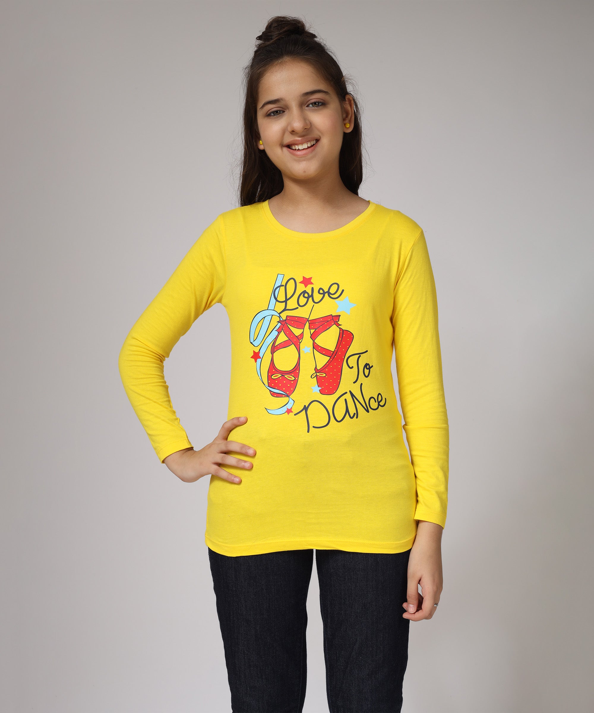 Girls Printed Full Sleeve Premium T-shirt | Yellow