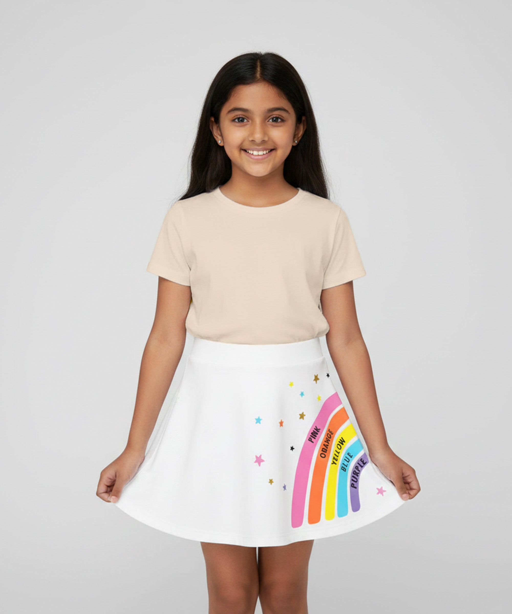 Girls Cotton Printed Skirt Attached With Inner Lycra Shorts-White