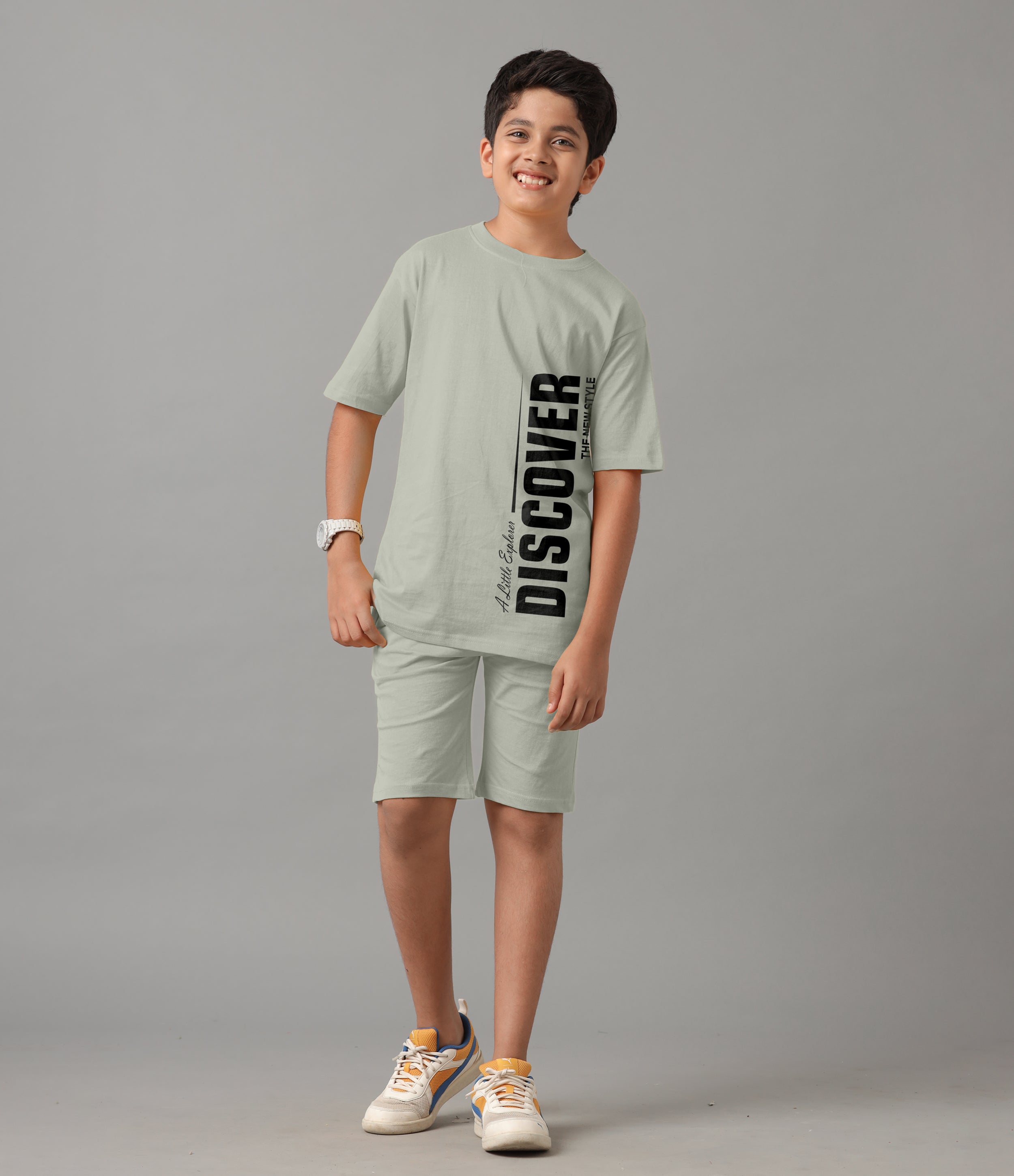 Boy's 100% Pure Cotton Premium Printed Grey Tshirt and Shorts Set