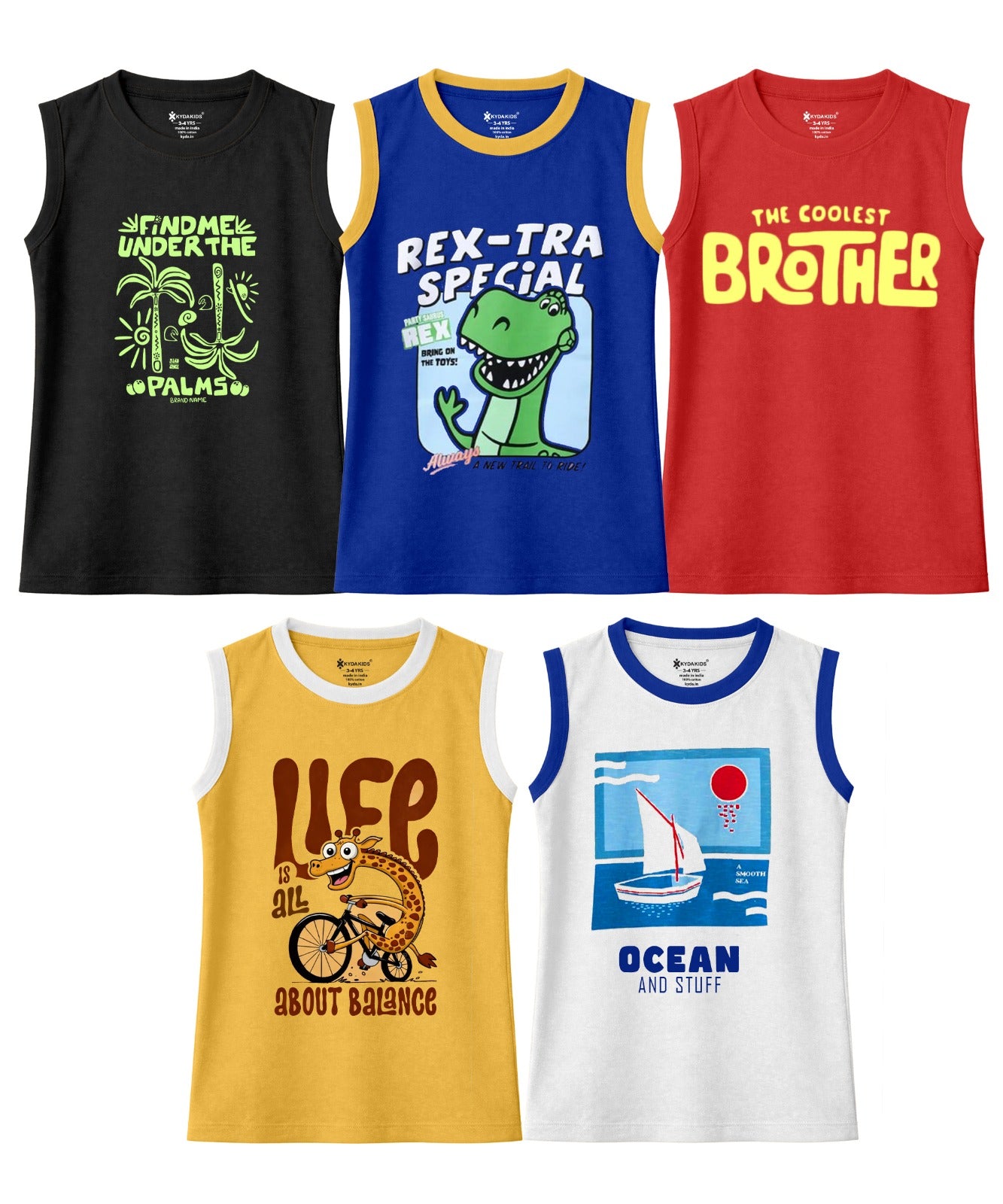 Premium Cotton Printed Vests for Boys | Regular Fit | Pack of 5