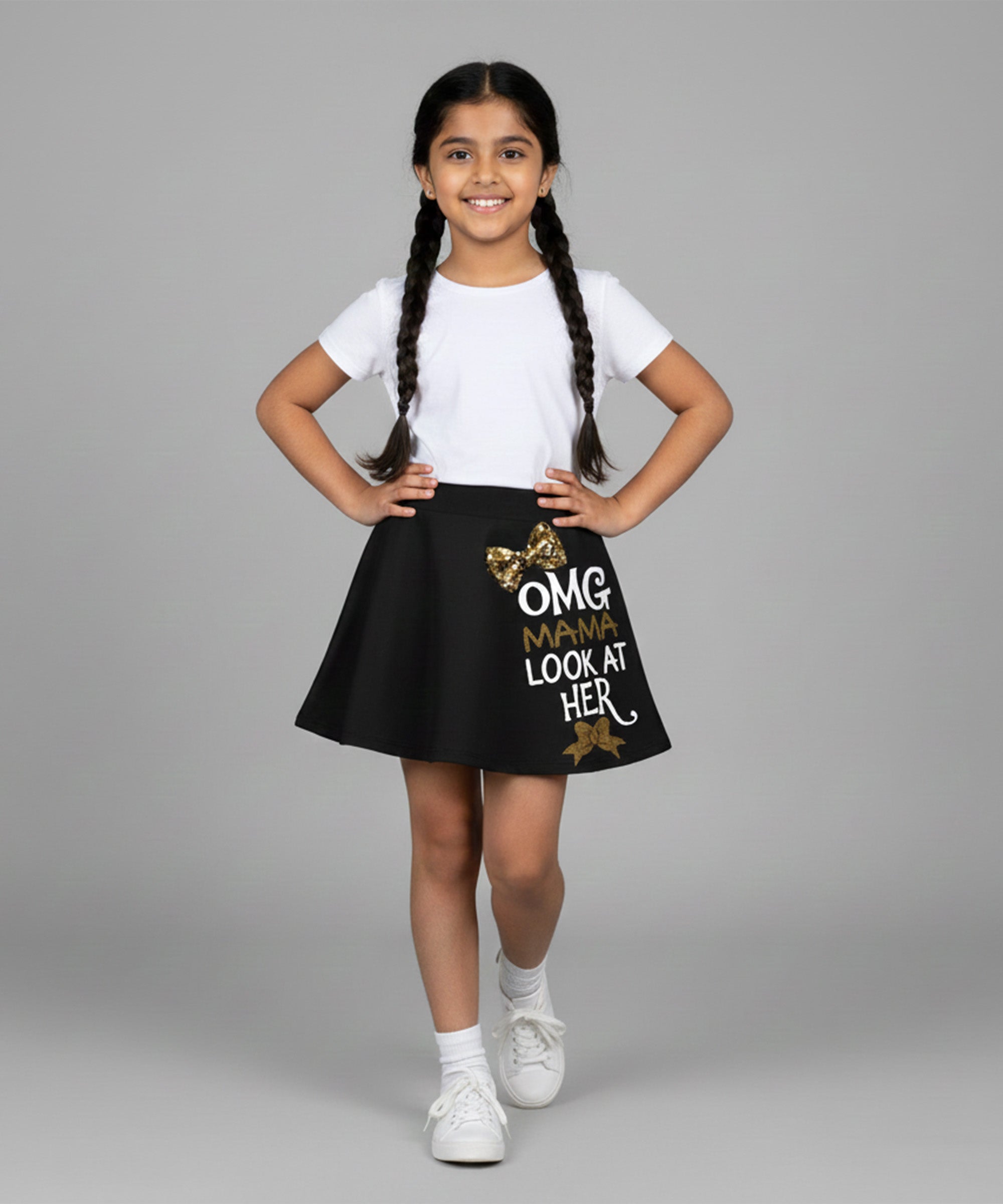 Girls Cotton Printed Skirt Attached With Inner Lycra Shorts-Black