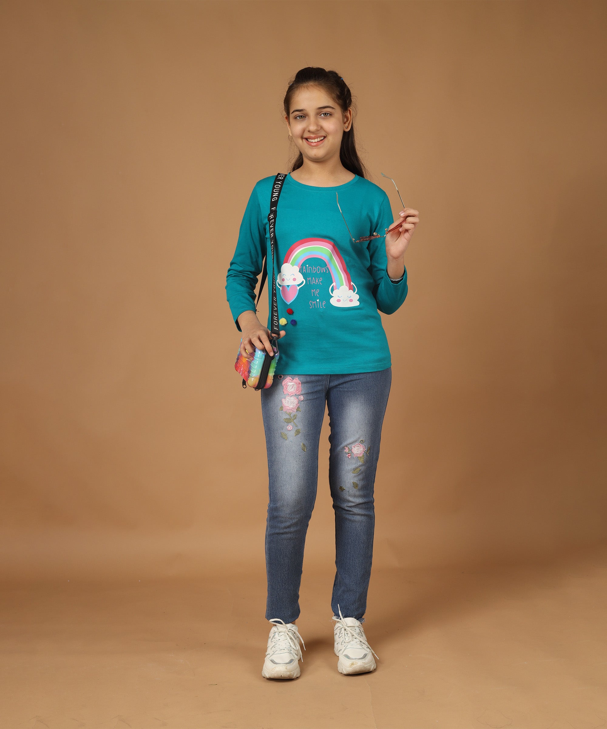 Girls Printed Full Sleeve Premium T-shirt | Teal