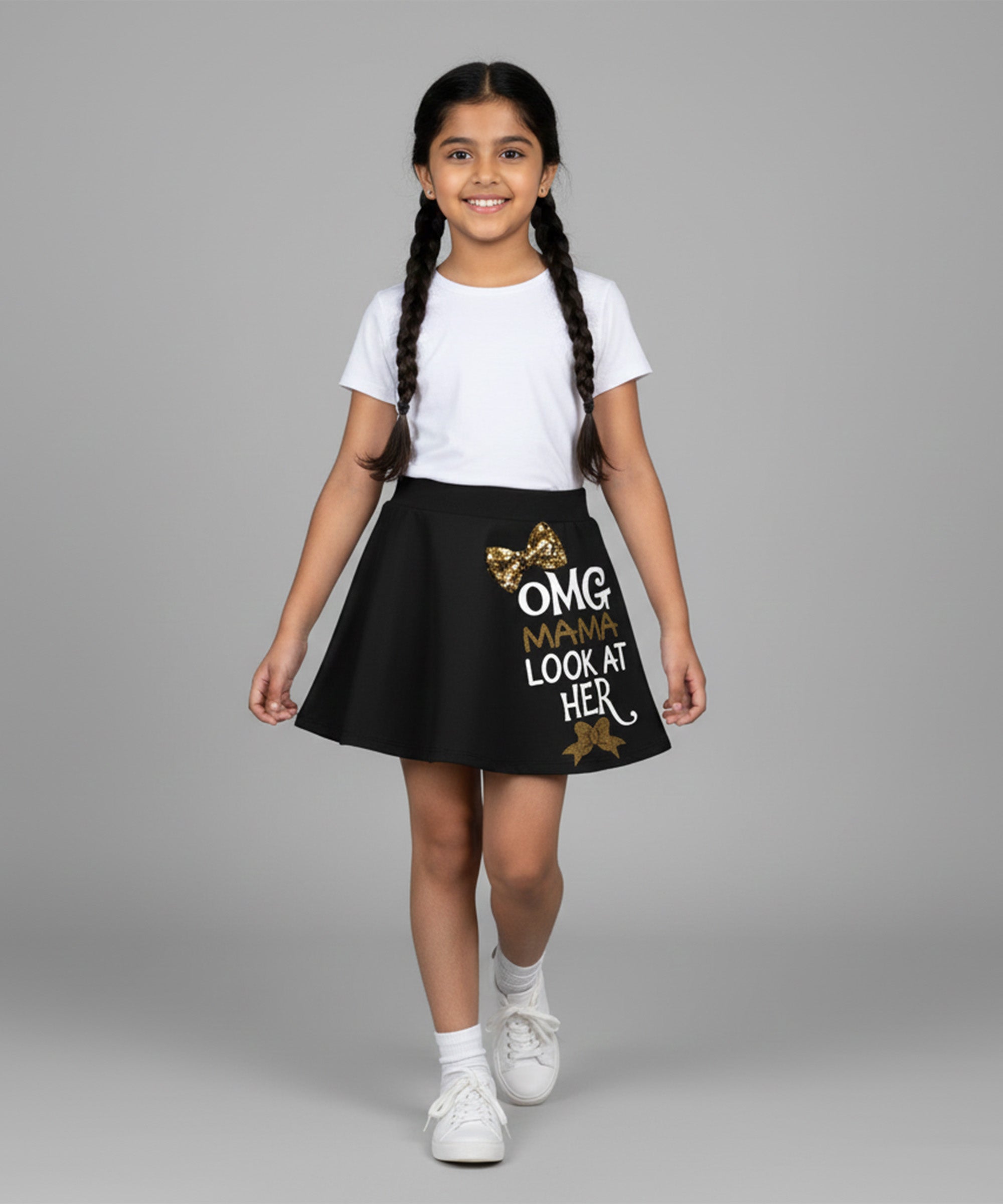 Girls Cotton Printed Skirt Attached With Inner Lycra Shorts-Black