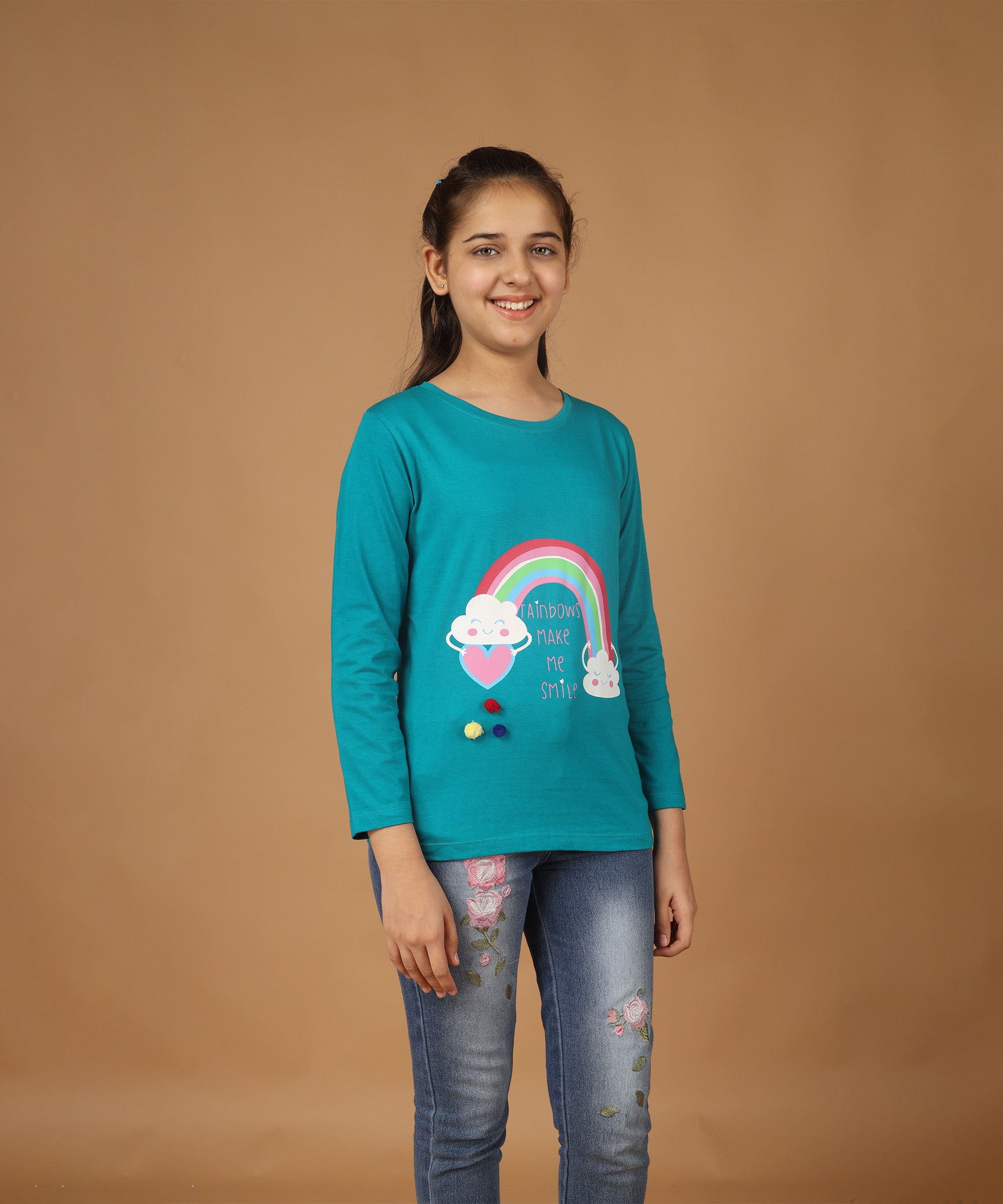 Girls Printed Full Sleeve Premium T-shirt | Teal