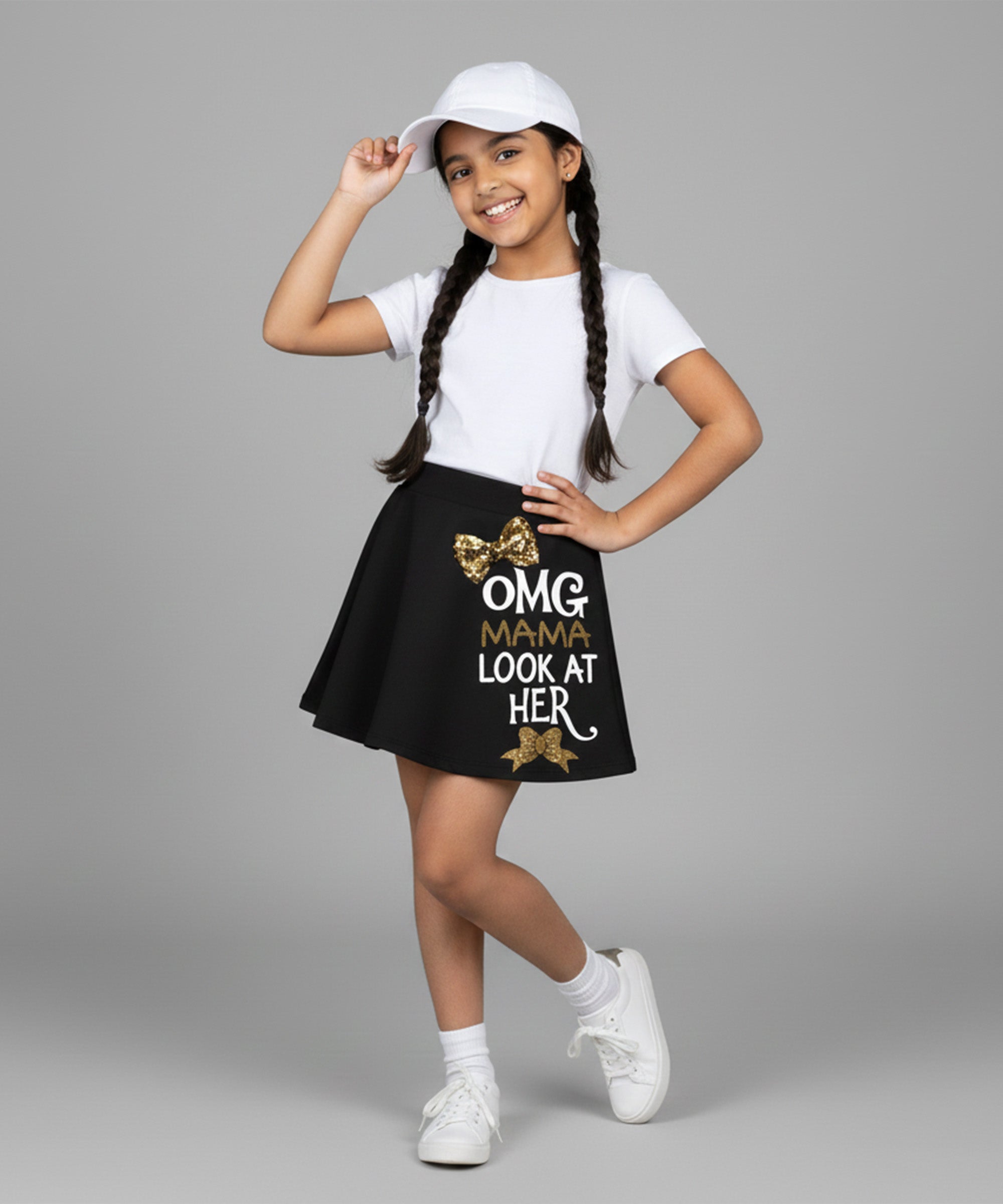 Girls Cotton Printed Skirt Attached With Inner Lycra Shorts-Black