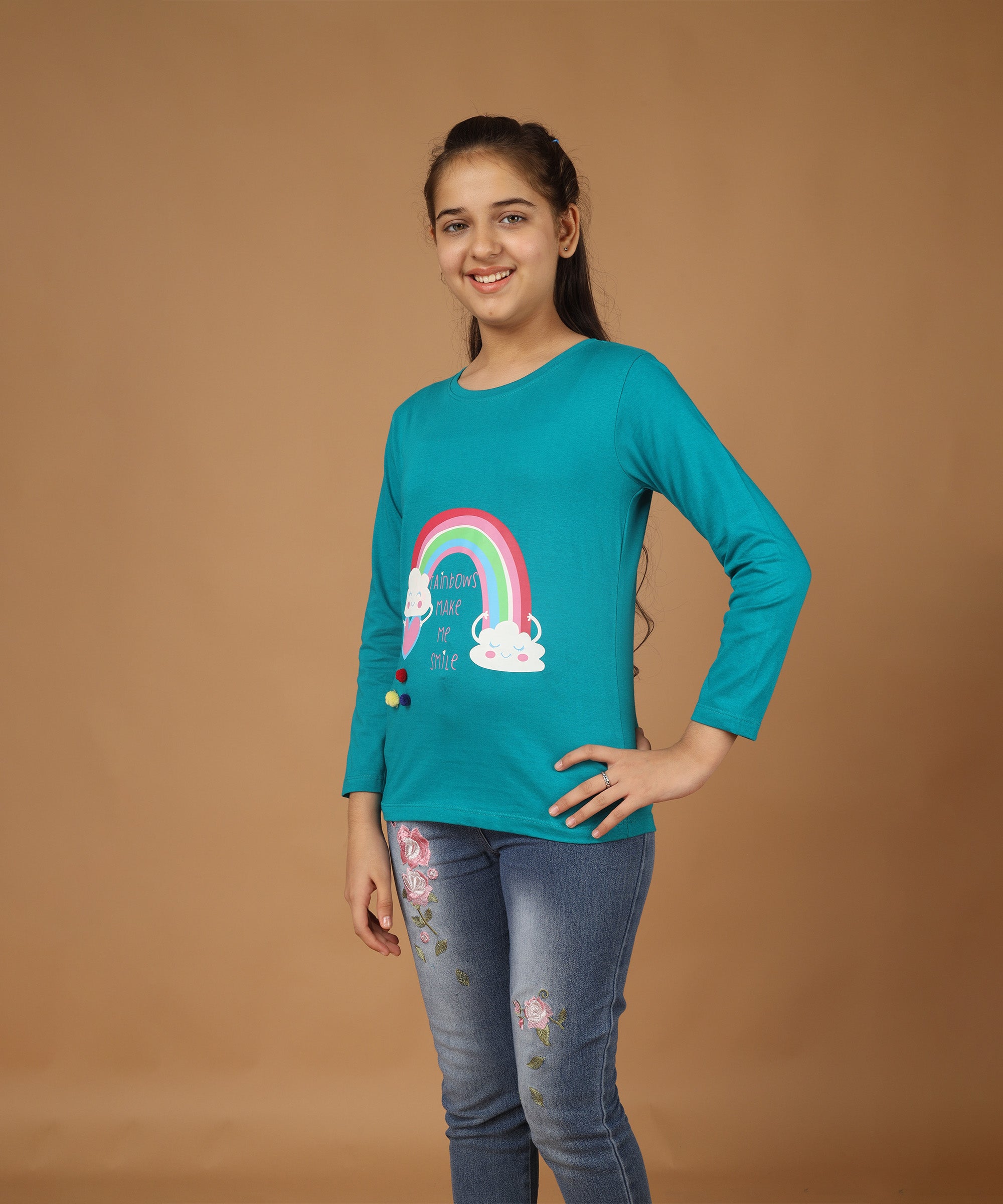 Girls Printed Full Sleeve Premium T-shirt | Teal