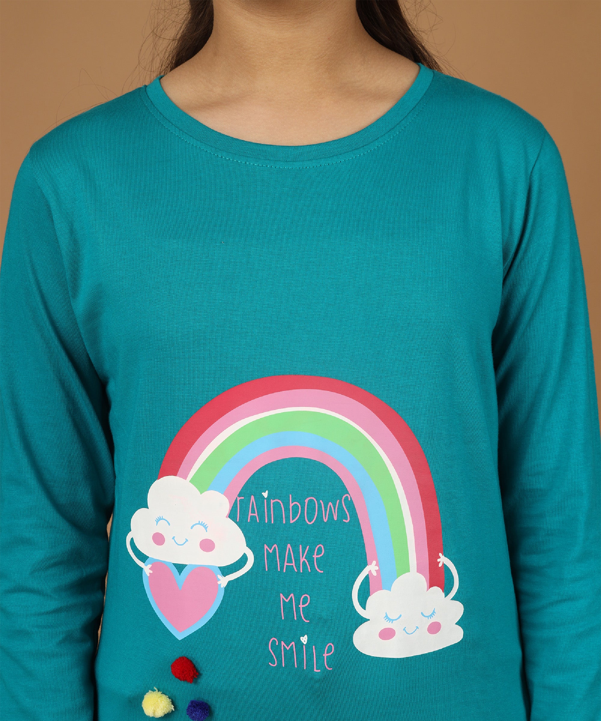 Girls Printed Full Sleeve Premium T-shirt | Teal