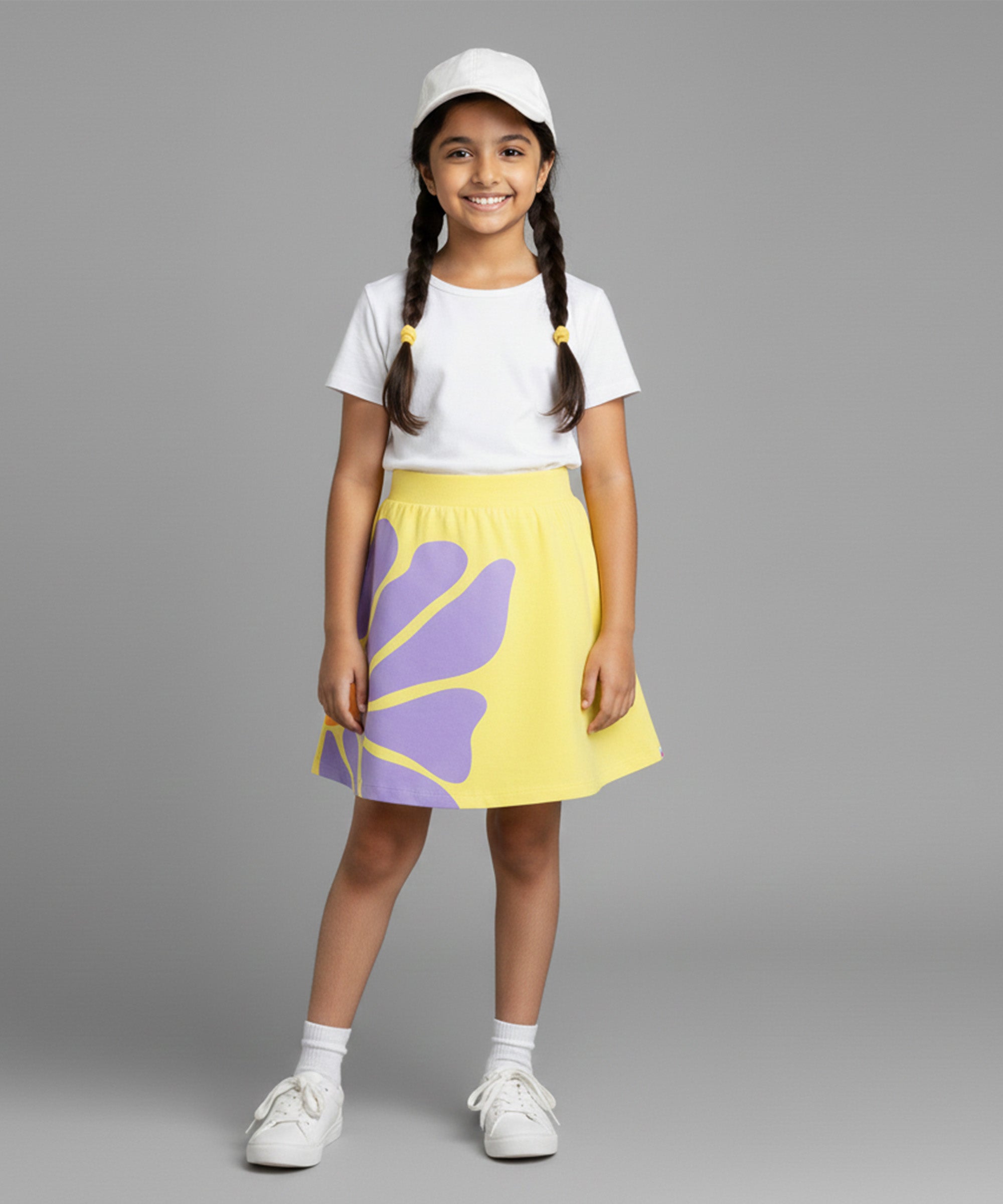 Girls Cotton Printed Skirt Attached With Inner Lycra Shorts-Light Yellow