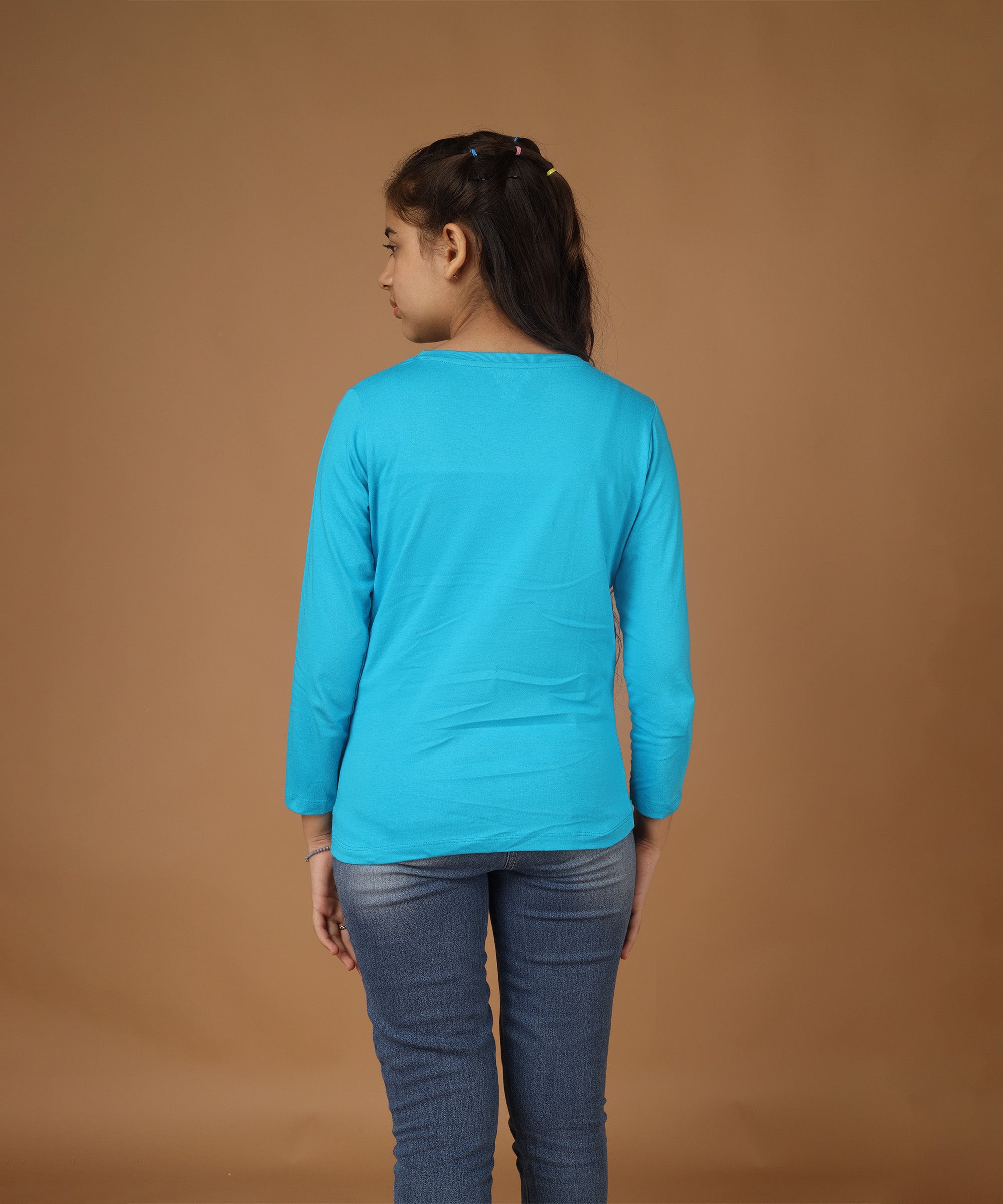 Girls Printed Full Sleeve Premium T-shirt | Sky Blue