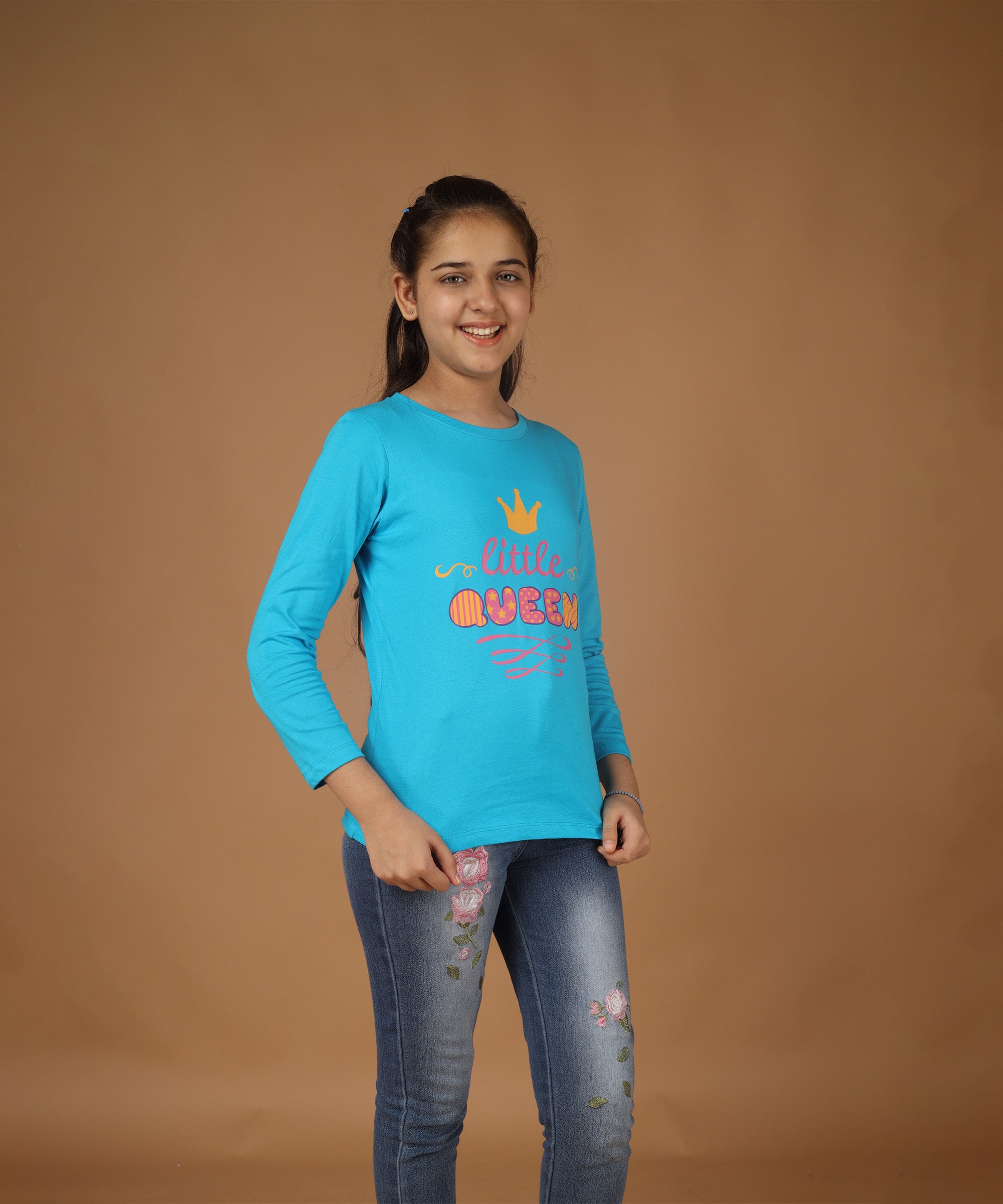 Girls Printed Full Sleeve Premium T-shirt | Sky Blue