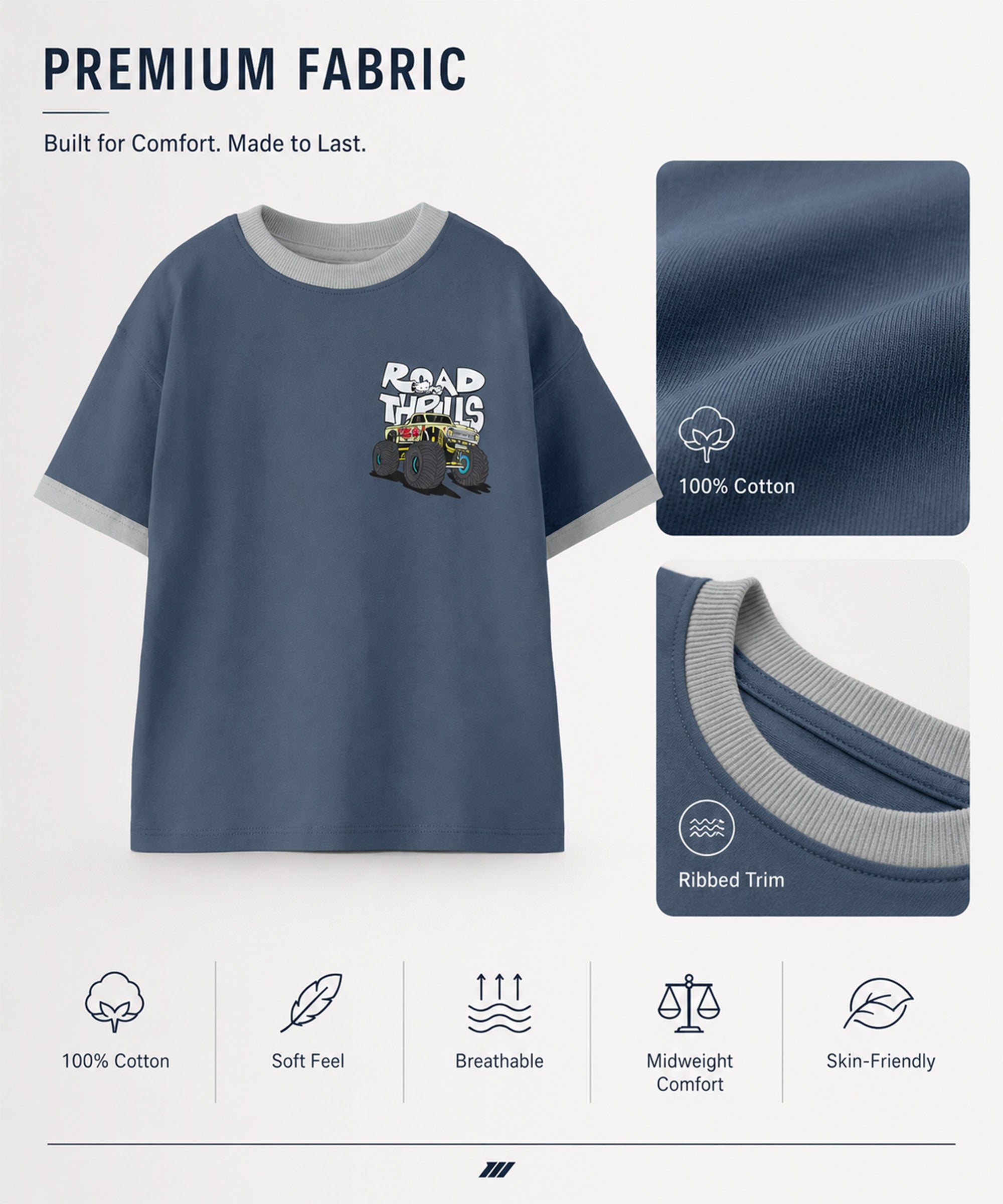 Boys Premium Cotton Oversized Printed T-Shirt | Steel Blue