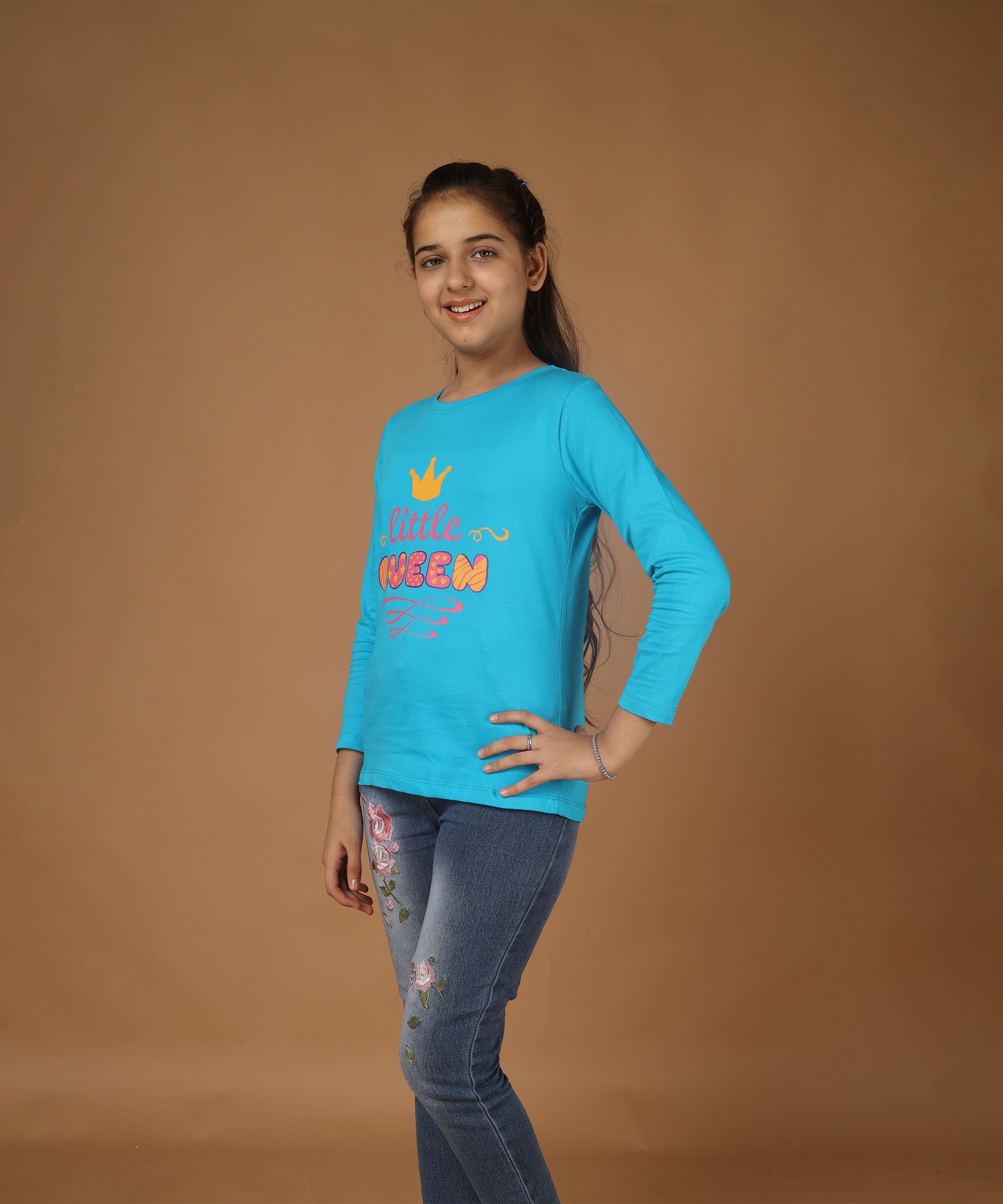Girls Printed Full Sleeve Premium T-shirt | Sky Blue