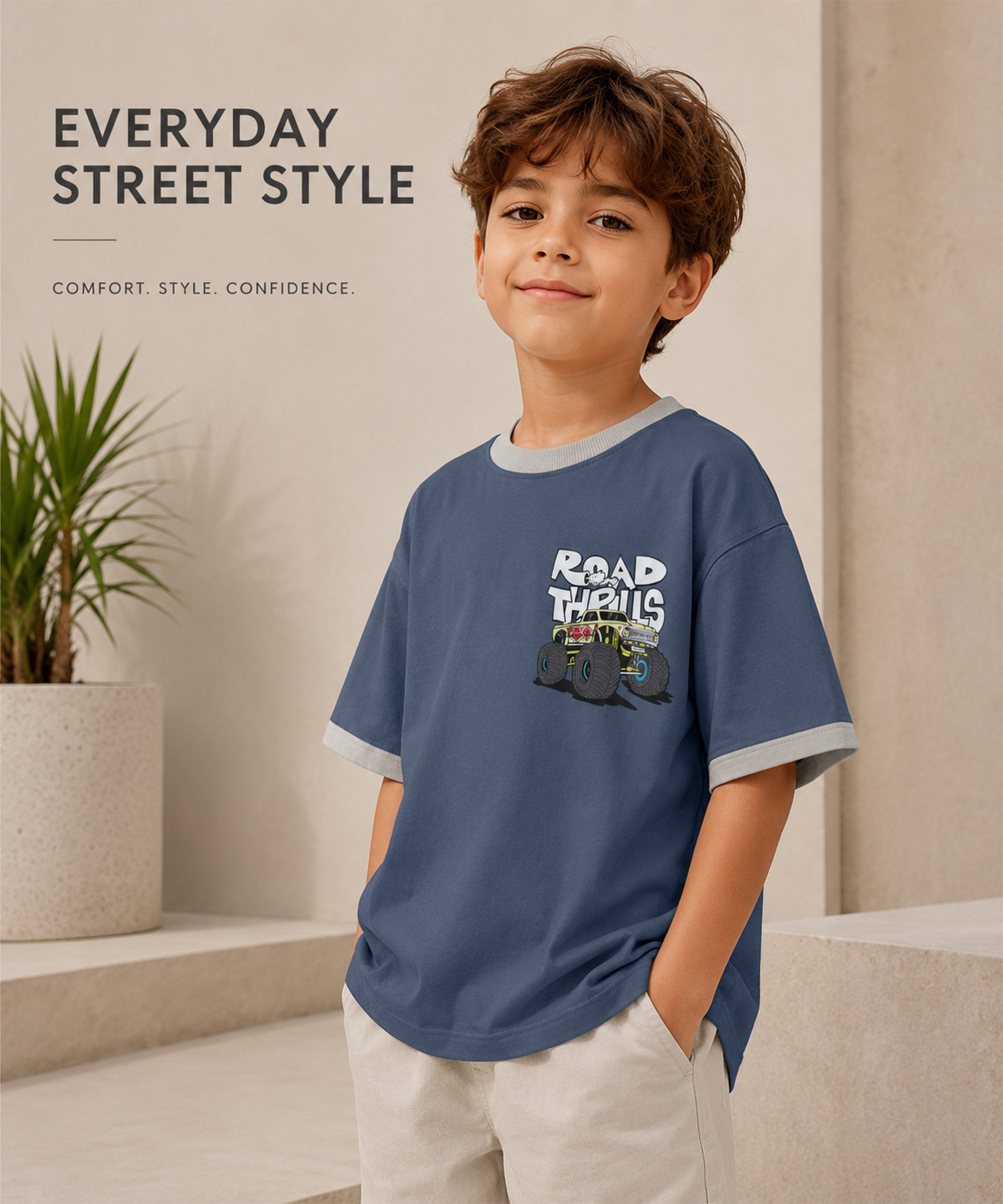 Boys Premium Cotton Oversized Printed T-Shirt | Steel Blue