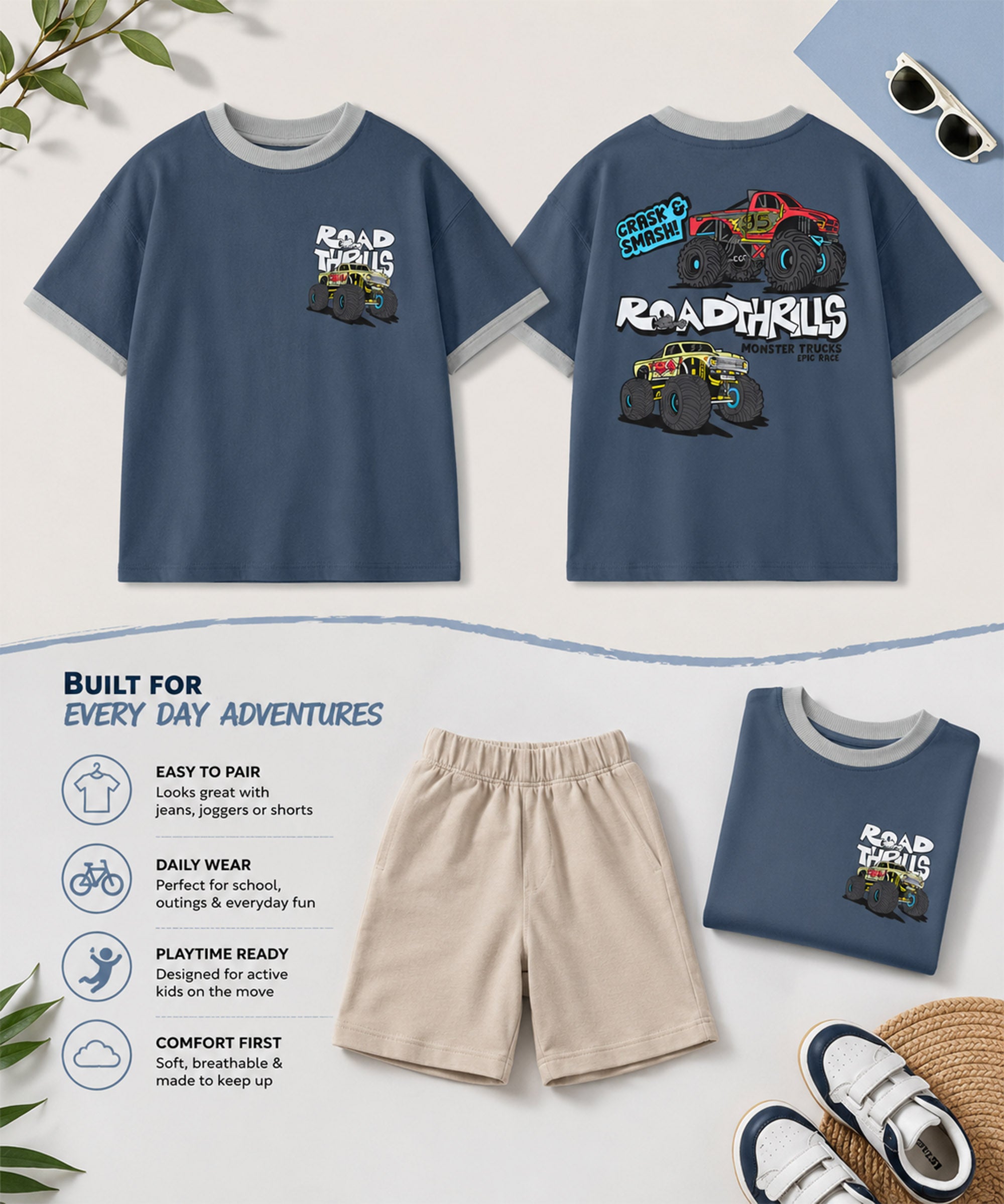 Boys Premium Cotton Oversized Printed T-Shirt | Steel Blue