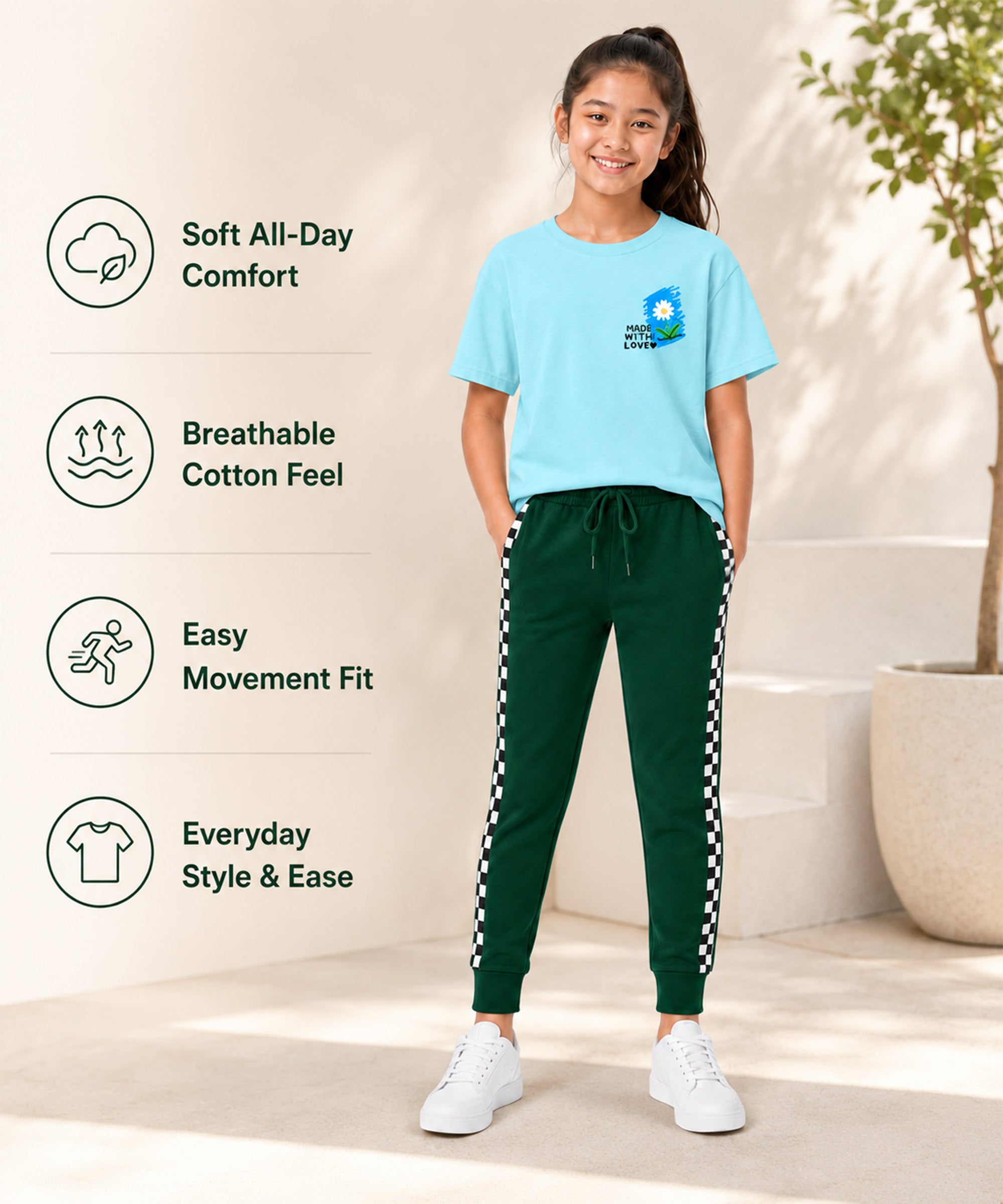 Girls Premium Cotton Sky Blue Graphic T-Shirt & Dark Green Side Stripe Pants Set | Regular Fit