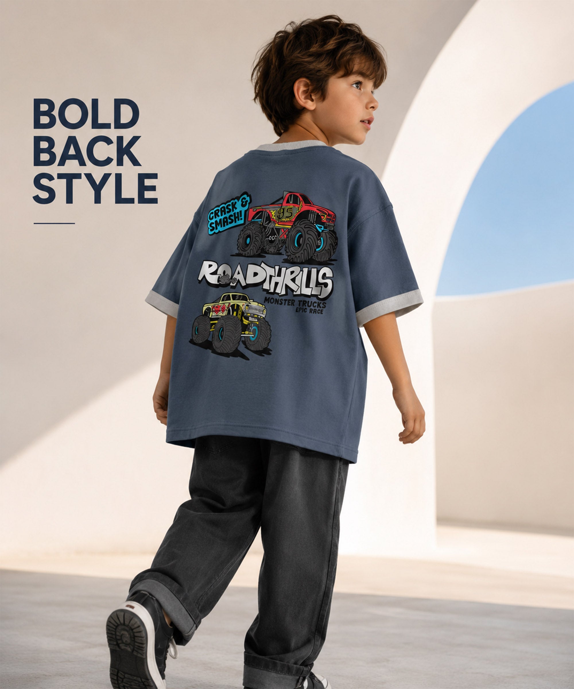Boys Premium Cotton Oversized Printed T-Shirt | Steel Blue