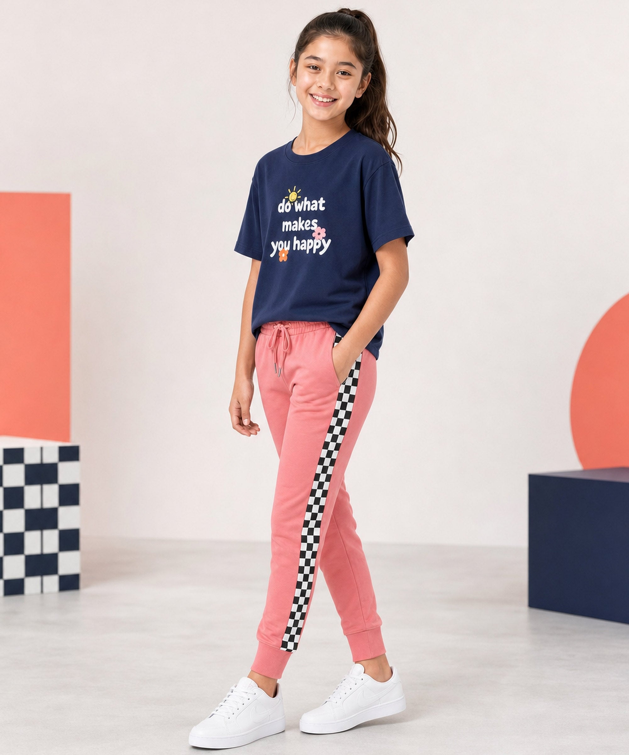 Girls Premium Cotton Navy Blue Graphic T-Shirt & Coral Pink Side Stripe Pants Set | Regular Fit