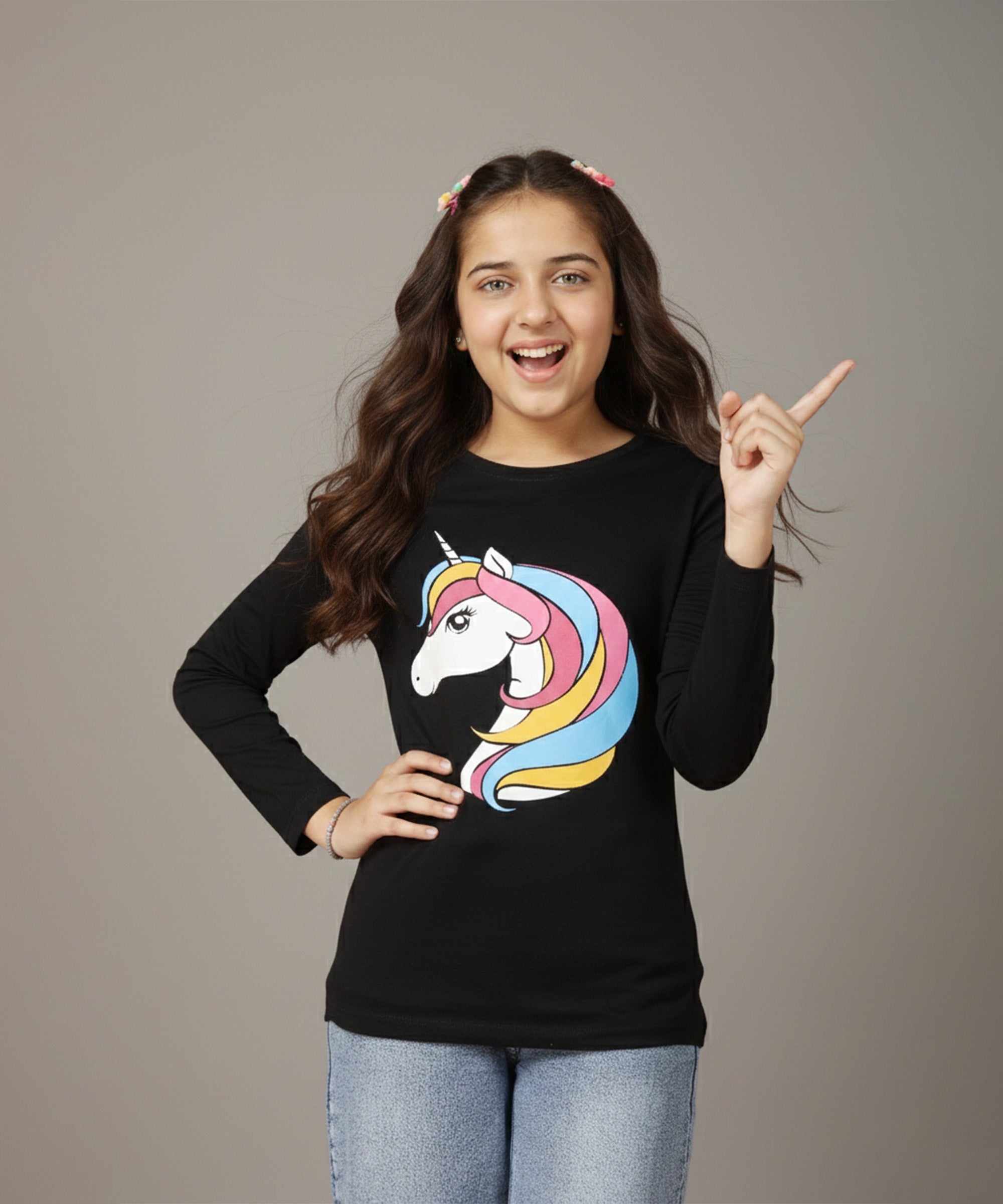 Girls Printed Full Sleeve Premium T-shirt | Black
